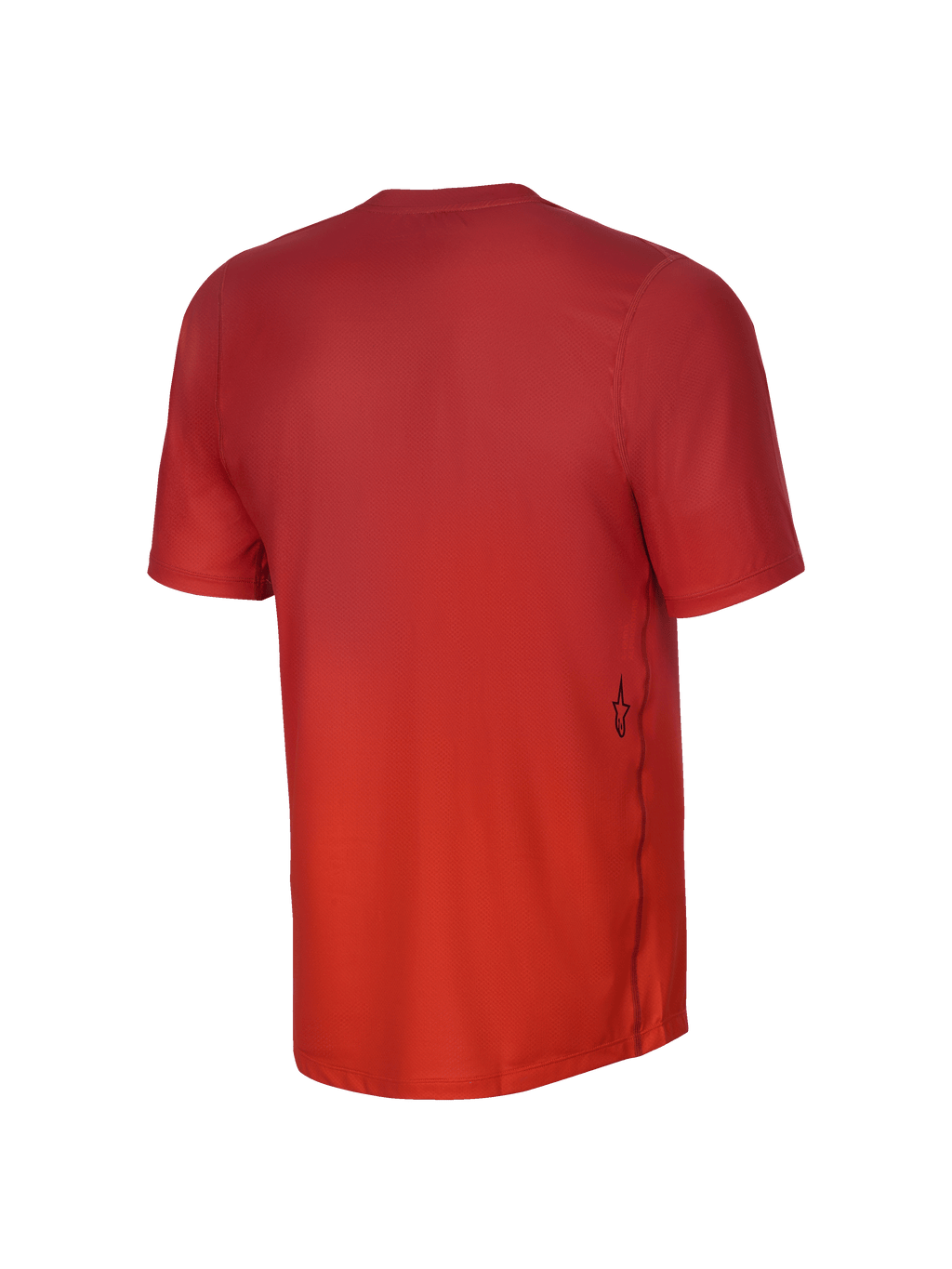 Alpinestars Youth A-Dura Rise Short Sleeve Jersey, Back View, Spicy Orange, featuring a jacquard fabric texture, a small black Astars logo on the lower side, and a dropped tail hem for mountain biking coverage.