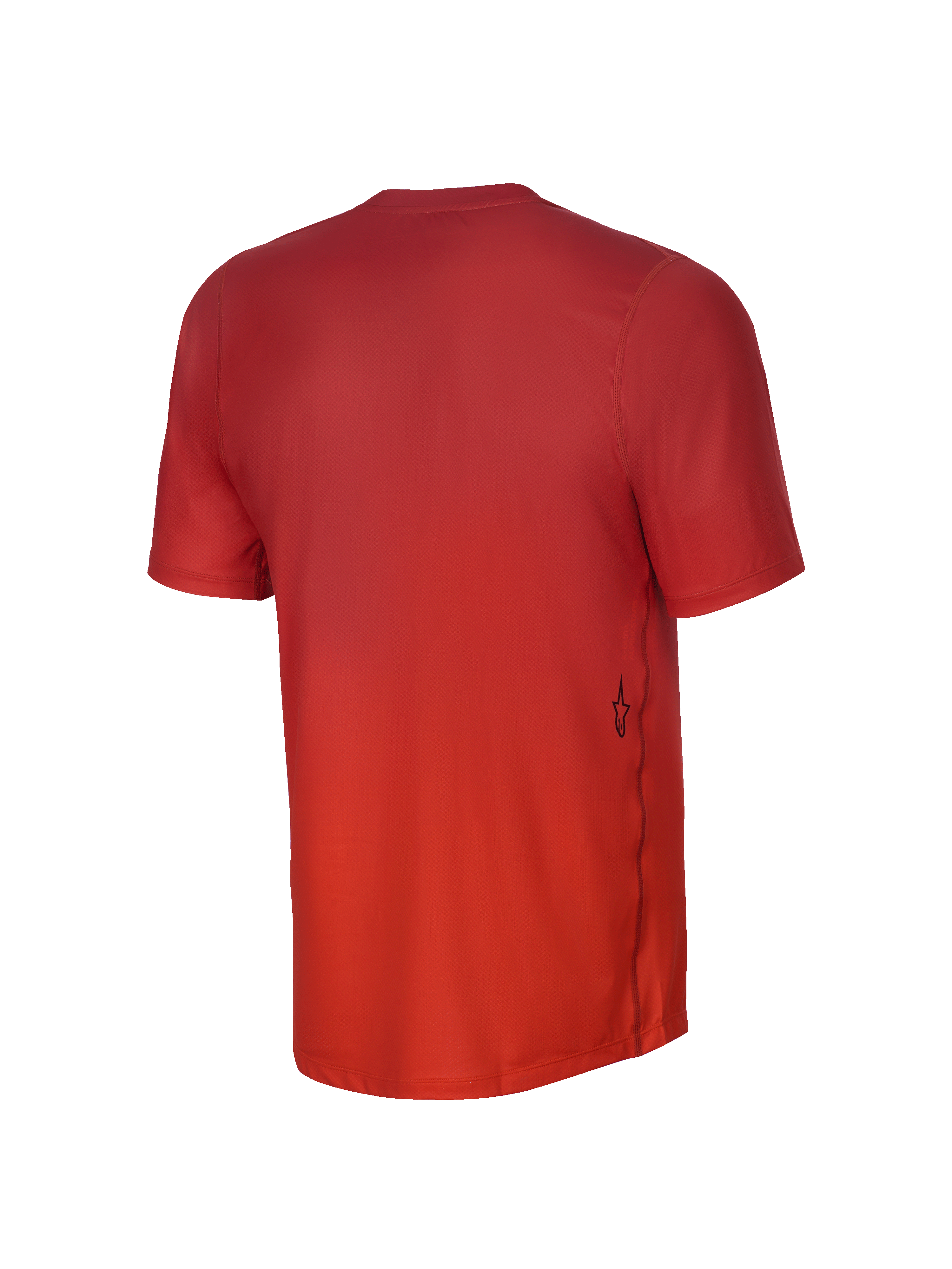 Alpinestars Youth A-Dura Rise Short Sleeve Jersey, Back View, Spicy Orange, featuring a jacquard fabric texture, a small black Astars logo on the lower side, and a dropped tail hem for mountain biking coverage.
