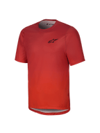 Alpinestars Youth A-Dura Rise Short Sleeve Jersey, Spicy Orange mountain biking jersey with a black chest logo, round neck, and drop tail hem, crafted from breathable jacquard fabric