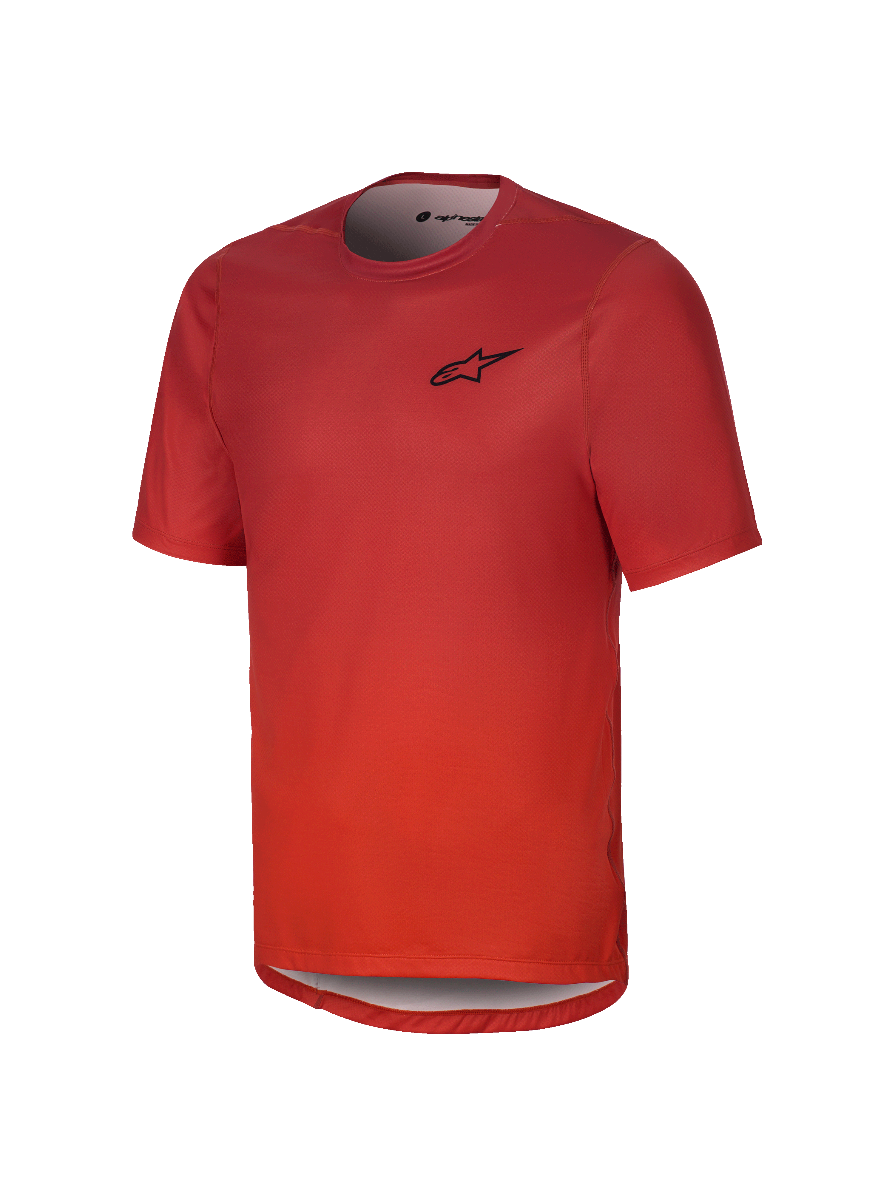 Alpinestars Youth A-Dura Rise Short Sleeve Jersey, Spicy Orange mountain biking jersey with a black chest logo, round neck, and drop tail hem, crafted from breathable jacquard fabric