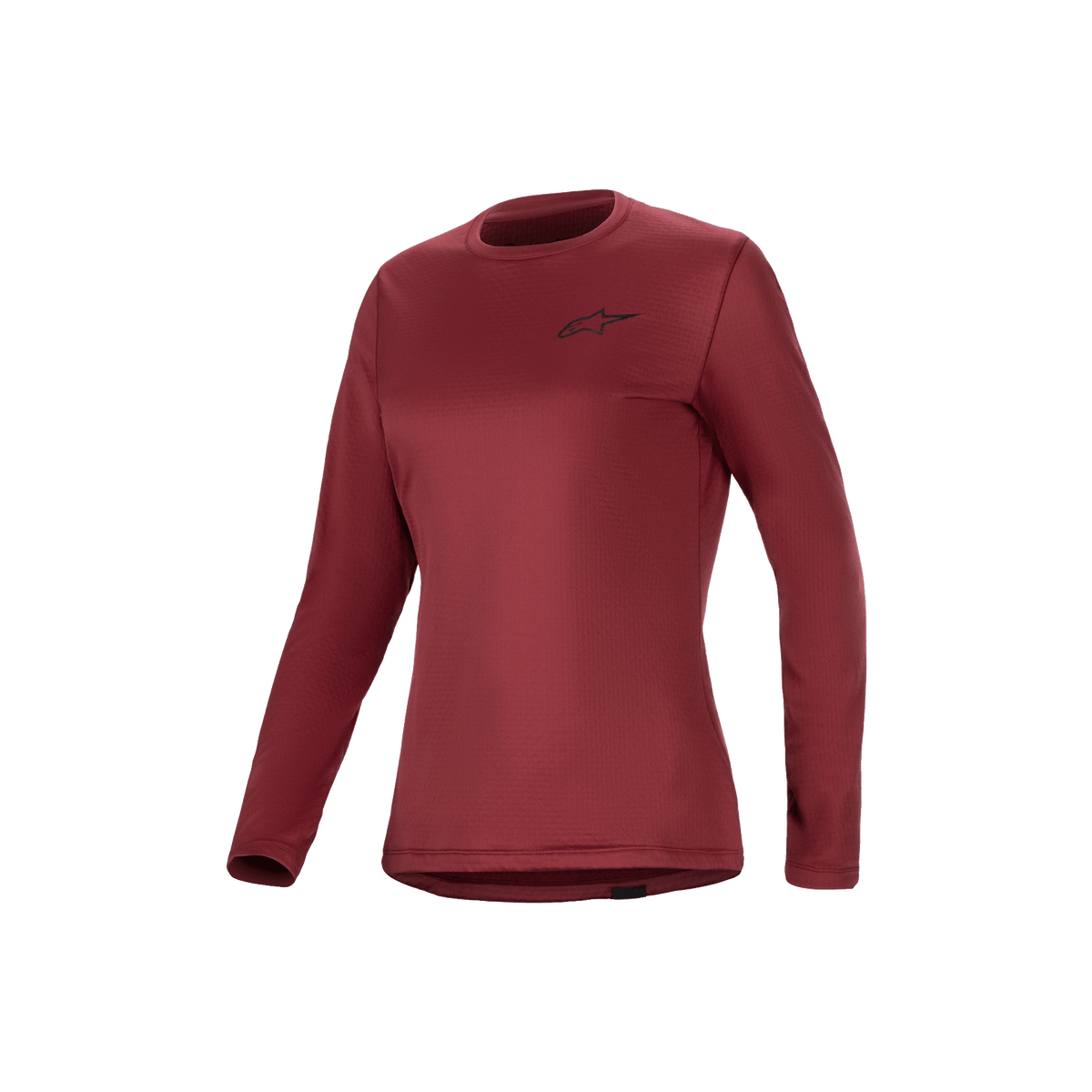 Alpinestars Stella A-Dura Thermal Jersey, women's long-sleeve mountain bike jersey in burgundy, insulated fleece-lined performance cycling top with extended drop tail