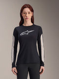Alpinestars Women Stella A-Dura Dri Astar Jersey, Long Sleeve Mountain Bike Jersey, Black with white logo and light gray mesh panels on sleeves, performance cycling wear for women