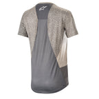 Alpinestars Women Stella Alps 8.0 Jersey, Short Sleeve MTB Jersey, Mid Gray Anthracite, back view featuring patterned side panels and a solid dark gray mesh center for ventilation, extended rear hem, white star logo at the neck