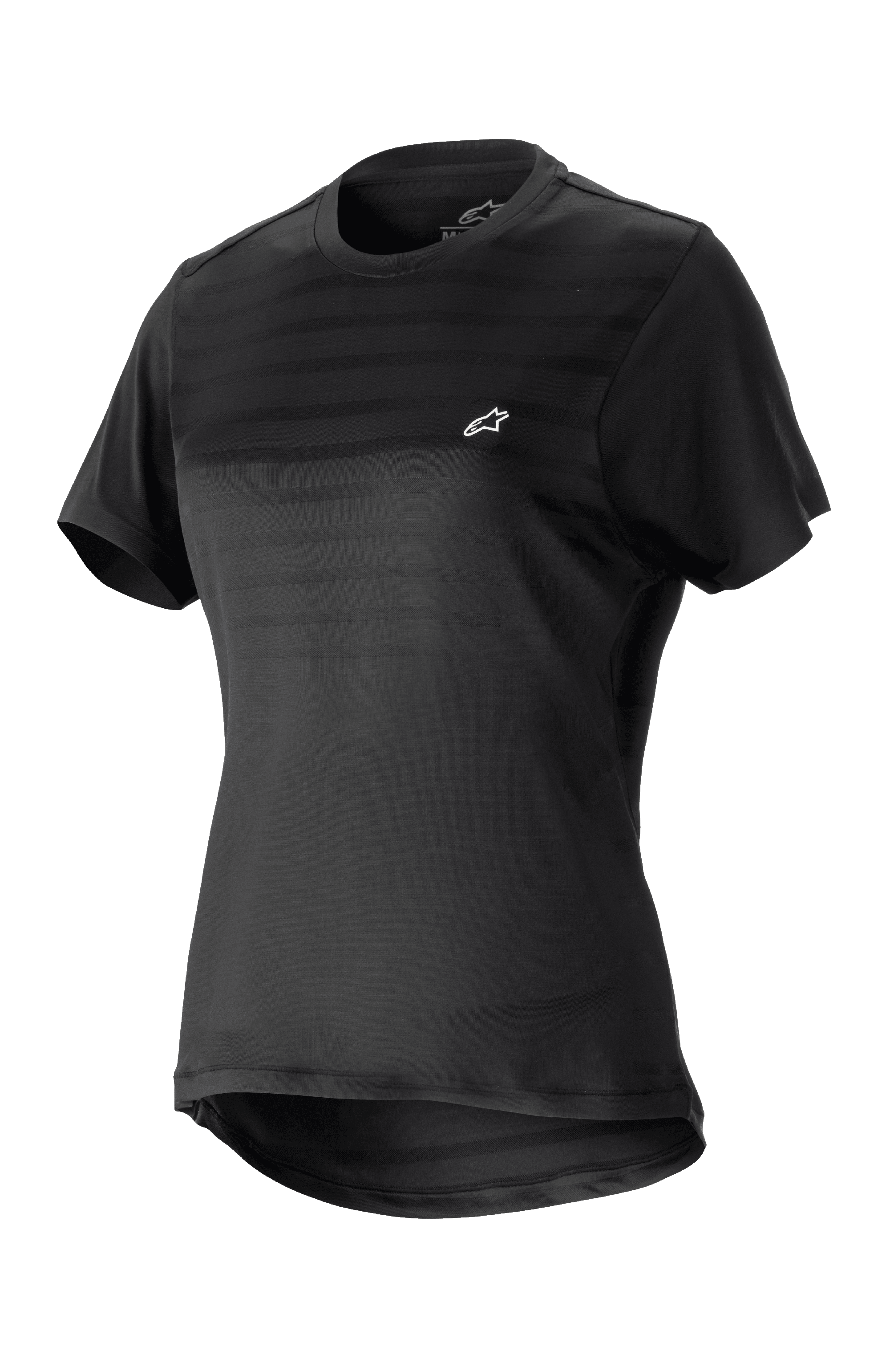 Alpinestars Women Stella Alps Constellation Jersey, Short Sleeve Mountain Bike Jersey, Black with subtle horizontal stripes on chest, small white logo, round neckline, extended tail for coverage, lightweight breathable fabric for MTB