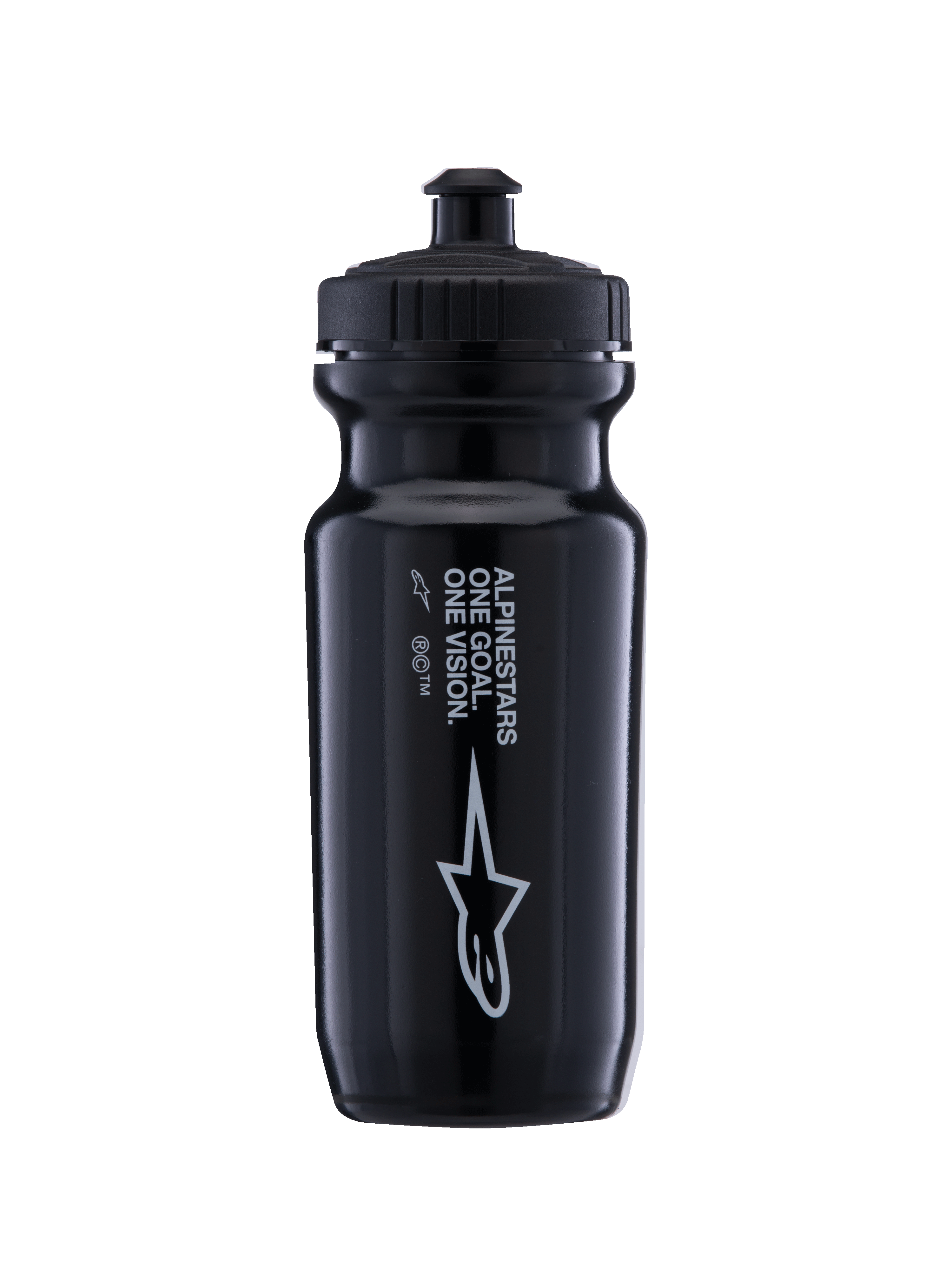 Alpinestars Ogov 20oz Water Bottle, black MTB squeeze bottle for trail hydration with hands-free valve and white branding.