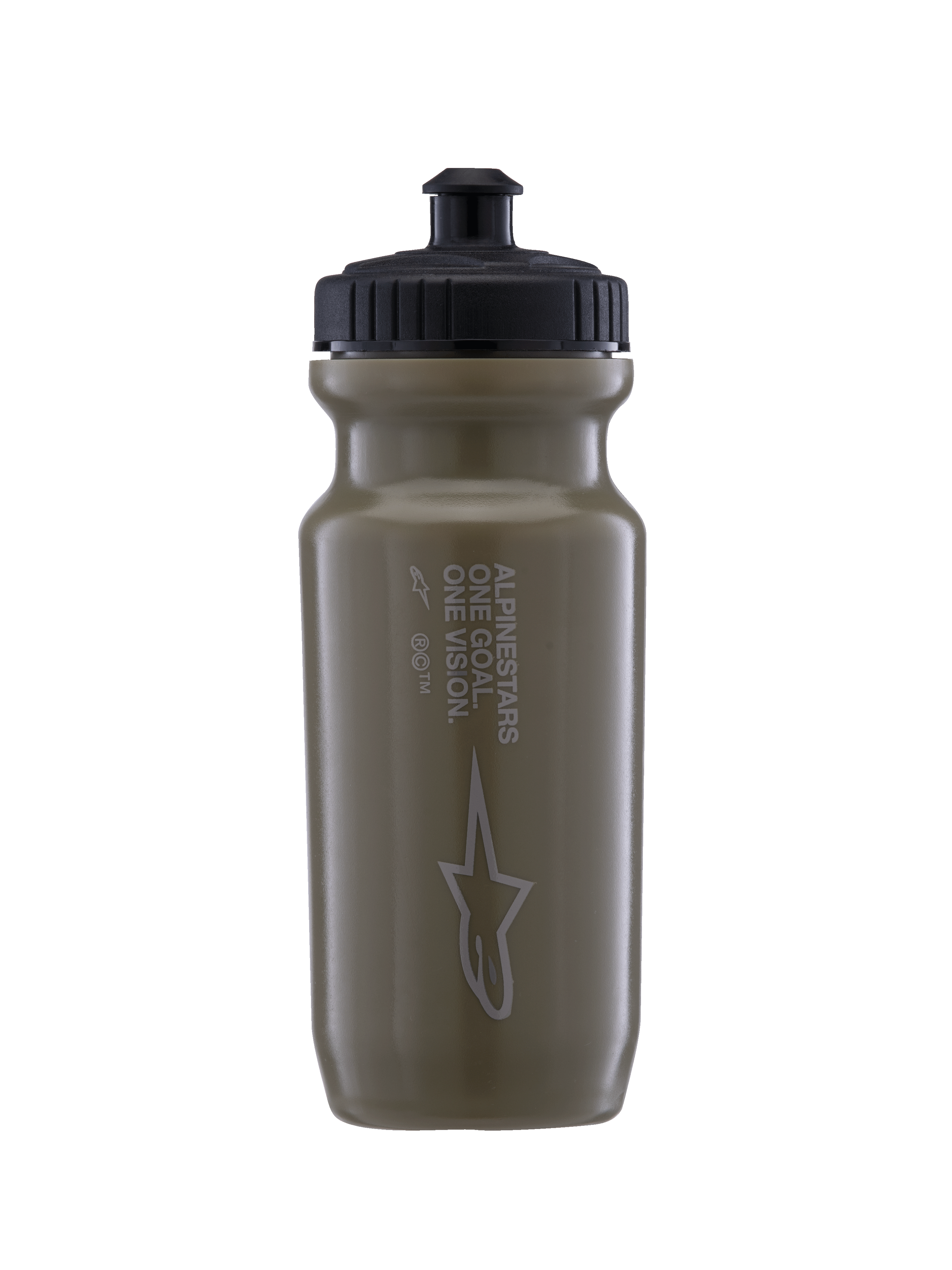 Alpinestars Water Bottle Ogov - 20Oz, Sports Water Bottle, Military Green with Black Cap, matte finish with star logo and "One Goal One Vision" vertical text, ridged grip cap with hands-free valve spout