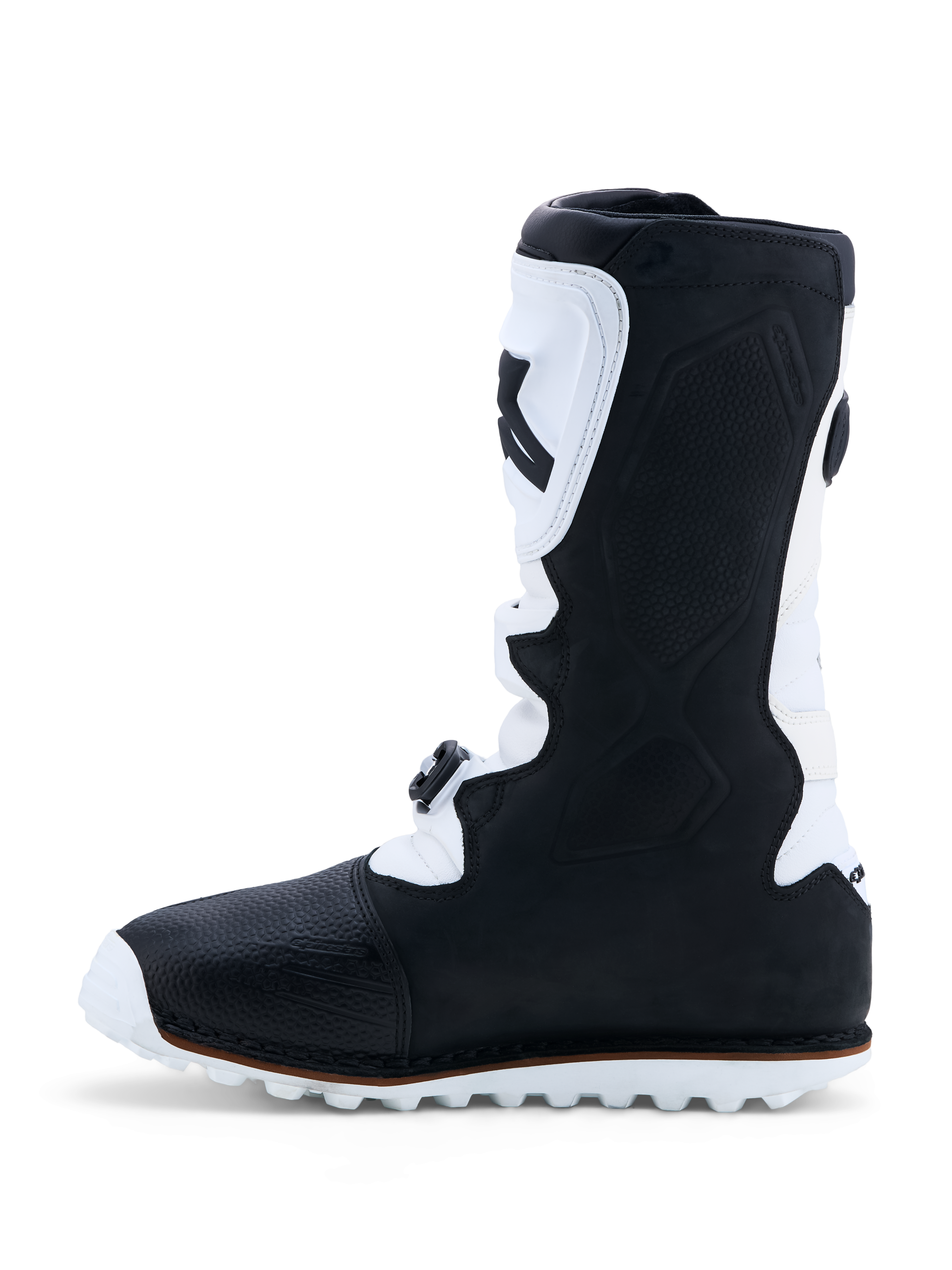 Alpinestars Tech-T Boots, Trials Motorcycle Boots, Men's, Black and White, Leather with TPU shinplate and high-grip sole.