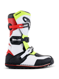 Alpinestars Tech-T Boots, Trials Motorcycle Boots, White Red Yellow Fluorescent and Black, featuring a protective shinplate, adjustable buckles in red and black, and a specialized sole for trials riding, side profile view