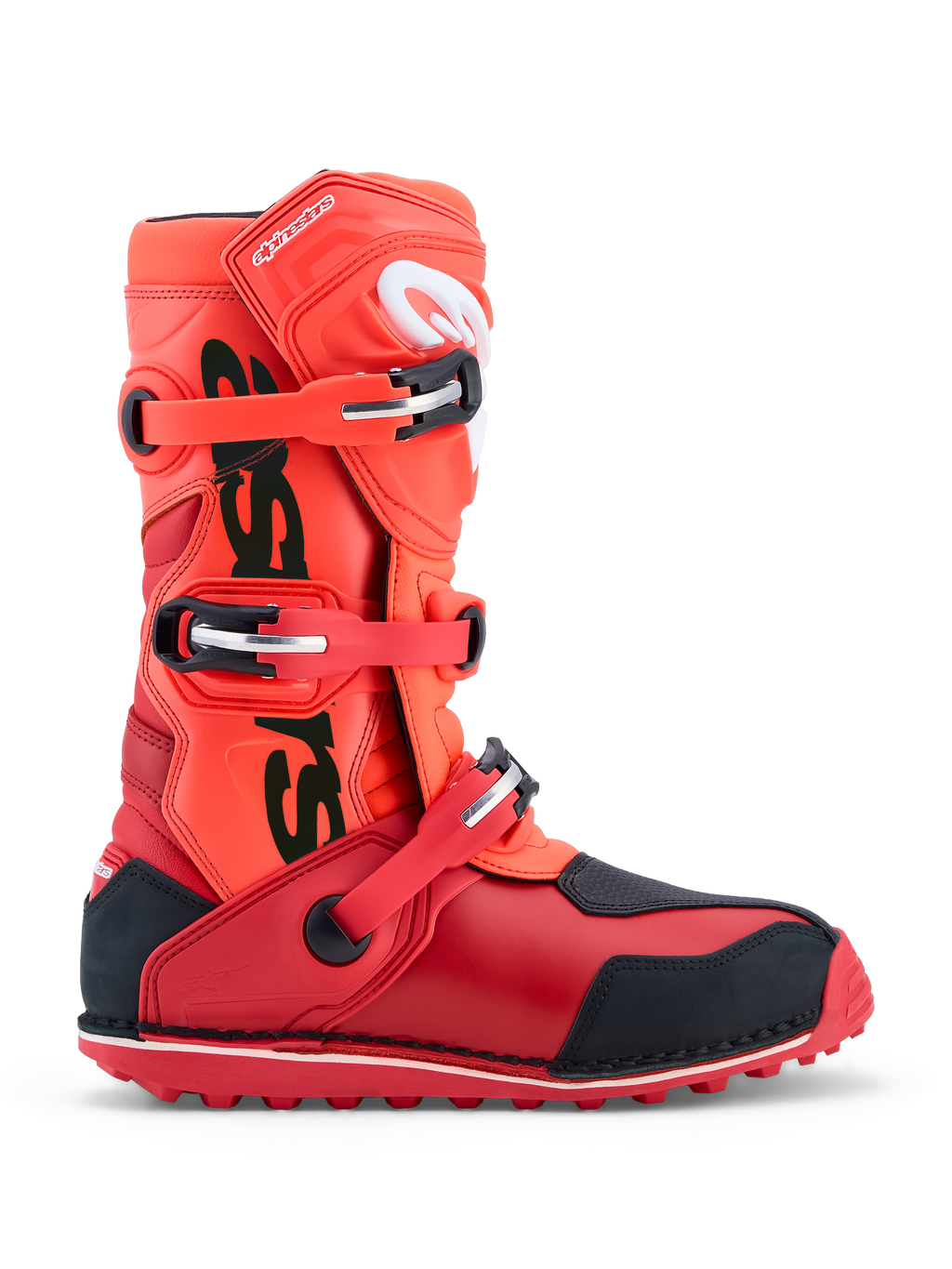 Alpinestars Tech-T trials motorcycle boots in Fluorescent Red and Black, featuring three-buckle closure and TPU protection.