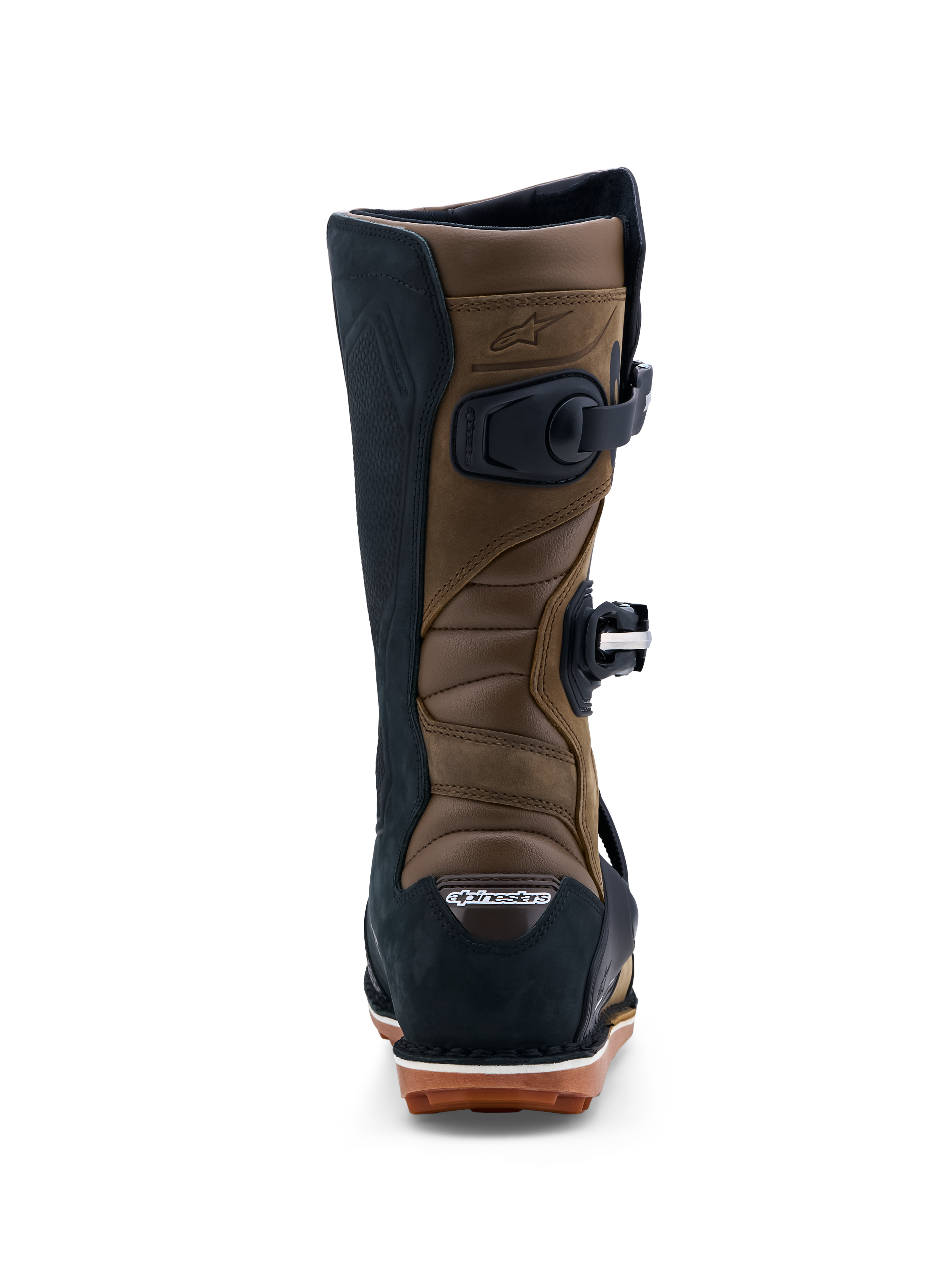 Alpinestars Tech-T Boots, Men's Trials Motorcycle Boots, Brown and Black leather with accordion flex zones and gum sole.