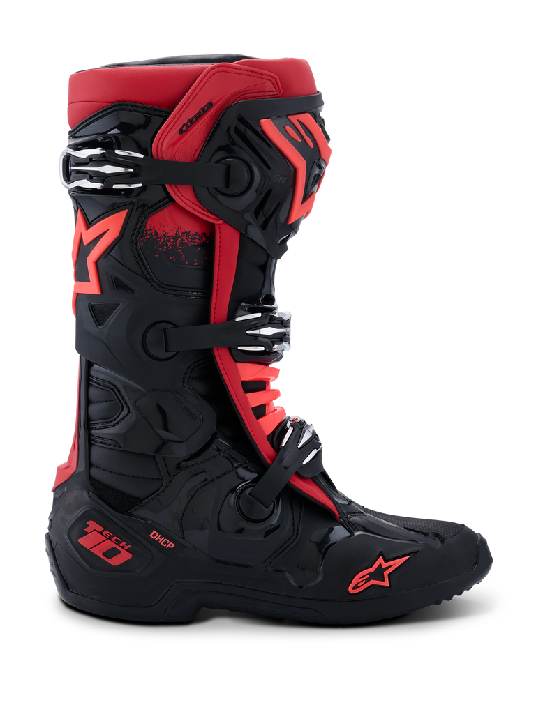 Alpinestars Tech 10 Boots, Motocross Boots, Black and Red, side profile view, three silver aluminum buckles, red star logo on the side and ankle, DHCP technology branding on the heel, reinforced protective chassis for off-road racing.