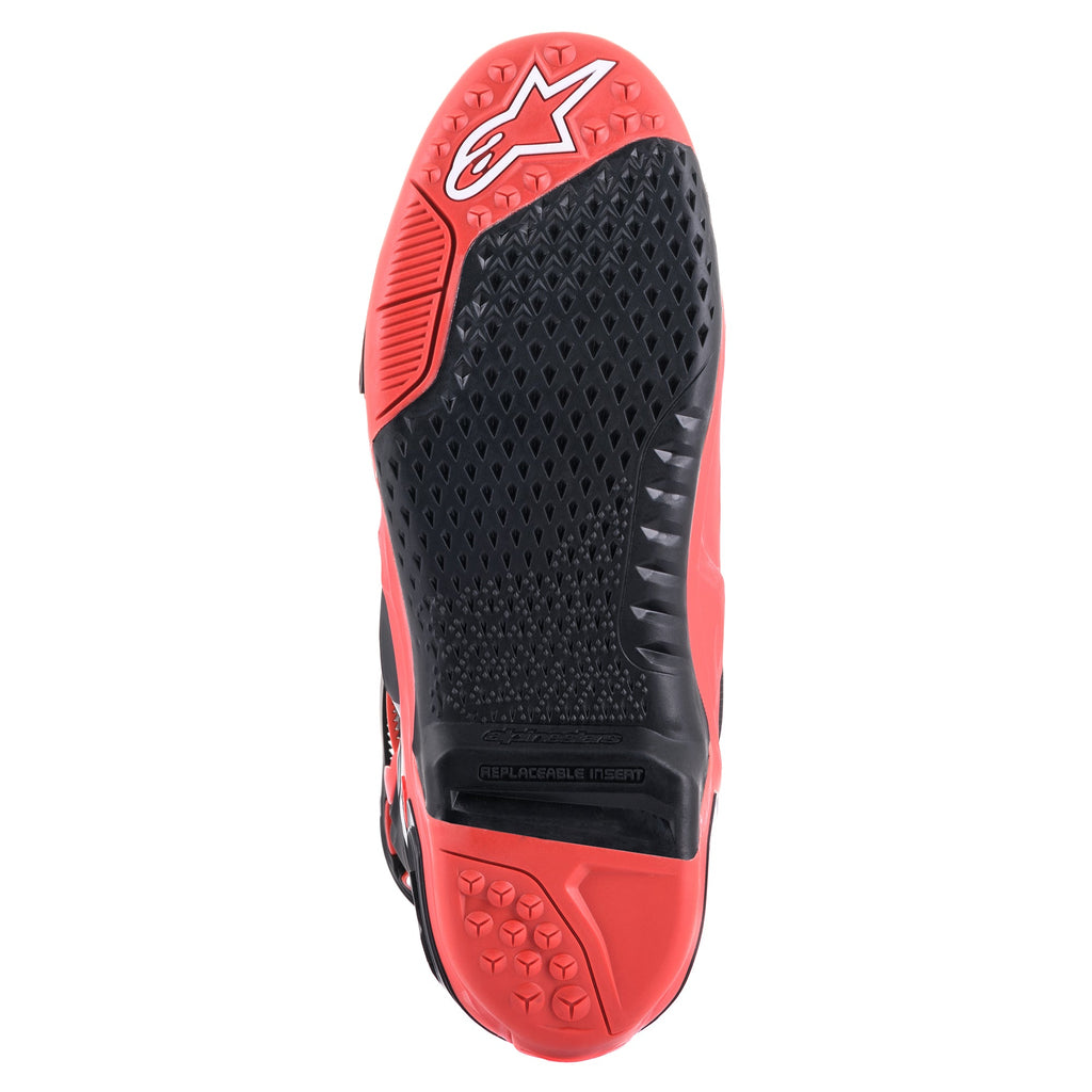 Alpinestars Limited Edition Acumen Tech 10 Boot sole, red and black dual compound with proprietary grip and replaceable insert.