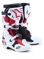 Alpinestars Tech-10 Motocross Boots, White, Black, and Bright Red, CE Certified with Frontal Flex Frame and TPU shell.