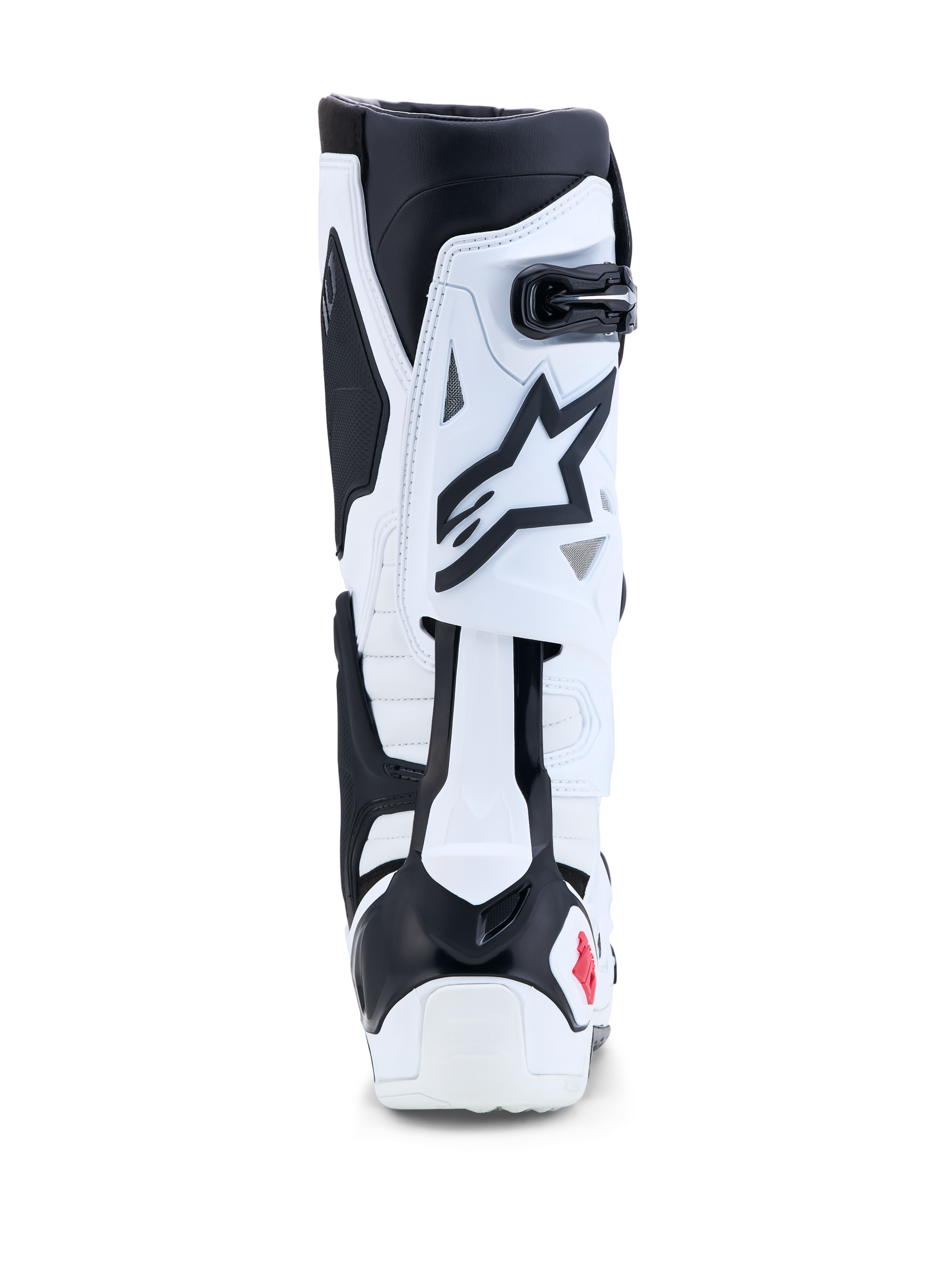 Alpinestars Tech-10 Motocross Boots in White and Black, featuring rear blade hyperextension control.
