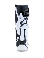 Alpinestars Tech 10 Boots, Motocross and Off-Road Racing Boots, White and Black with Red accents, rear view showcasing TPU rear blade flexion control and heel protection.
