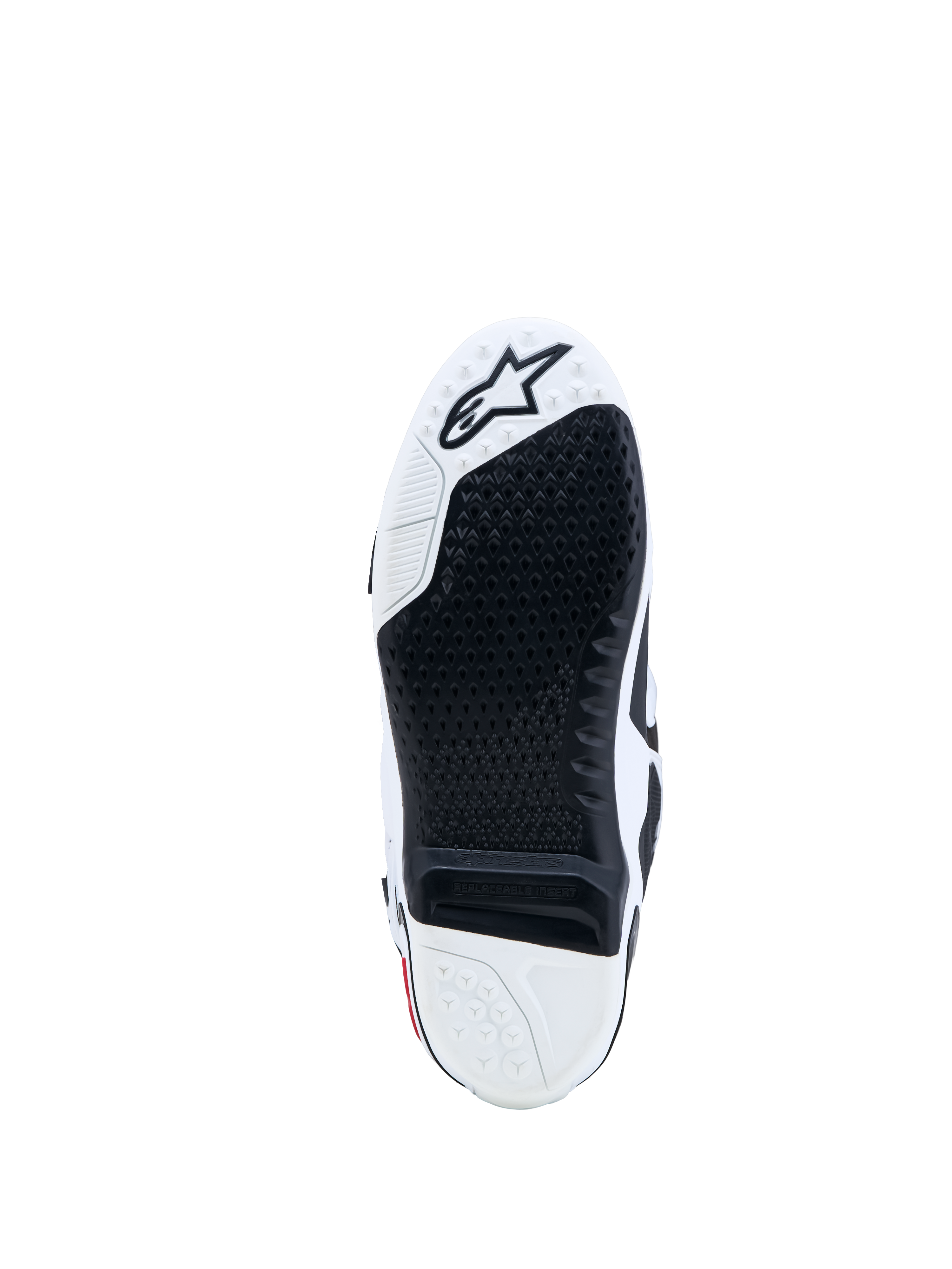 Alpinestars Tech-10 Boots, Motocross sole in Black and White featuring a replaceable grip insert and star logo.