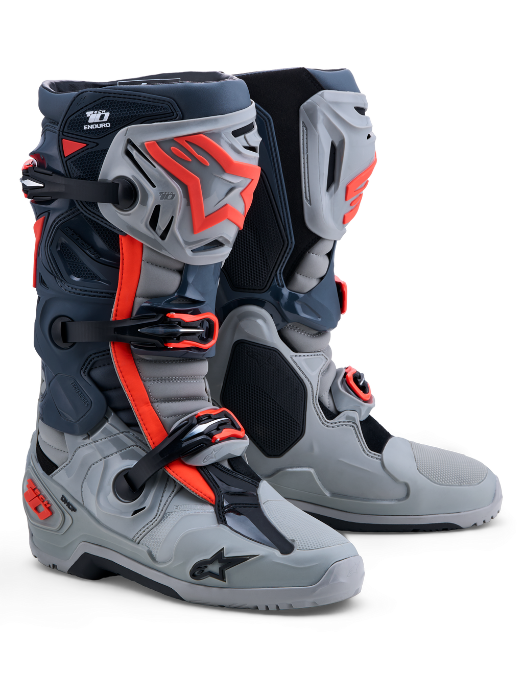 Alpinestars Tech-10 Enduro Boots, men's off-road boots in Gray and Red Fluo, featuring TPU protection and CE certification.