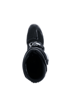 Alpinestars 2026 Tech 7 Enduro Boots, Off-road Motorcycle Boots, Black Anthracite White, top-down view looking into the boot opening, showing the padded interior lining and buckle closure system, durable protective construction for enduro riding.