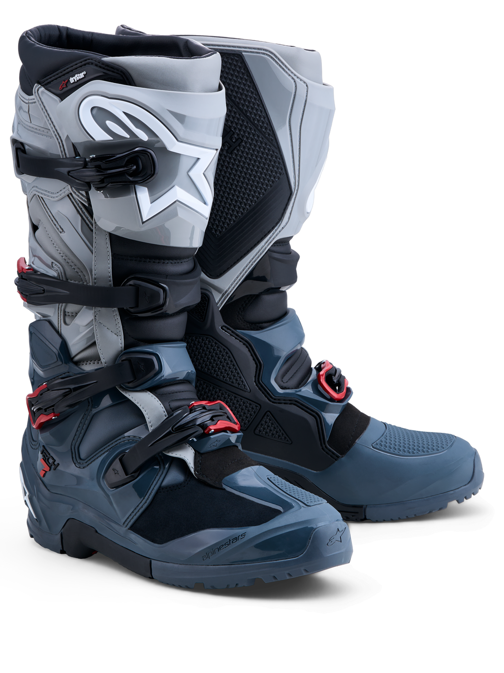 Alpinestars Tech 7 Enduro Drystar Boots, men's waterproof off-road gear in gray and red with CE-certified ankle protection.