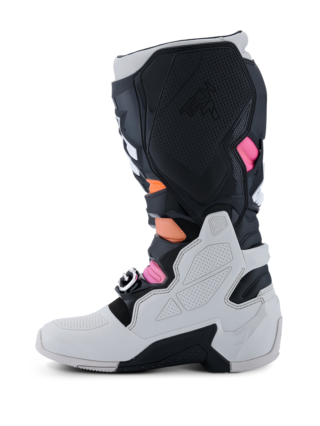 Alpinestars Tech 7 Boots, Motocross Boots, Black Light Gray Orange Fluo and Magenta, medial side profile featuring a light gray lower shell, black TPU panels with Tech 7 branding, and vibrant orange and magenta accents.