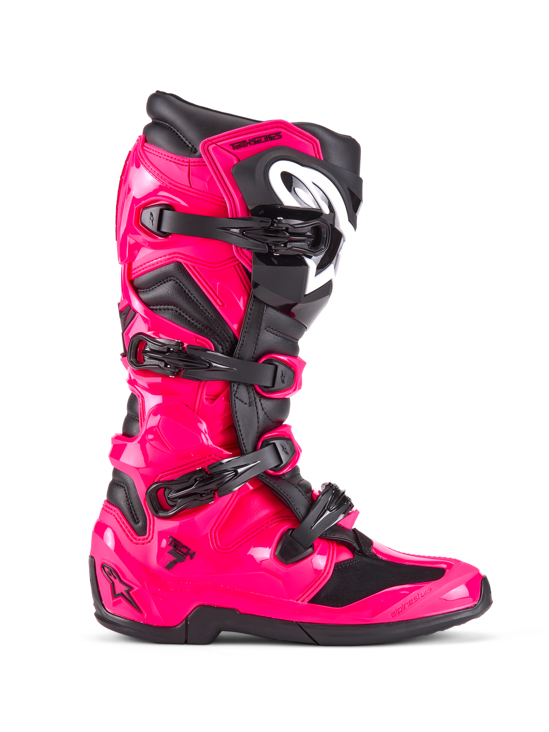 Alpinestars Tech 7 Boots, Motocross Off-Road Boots, Diva Pink and Black, glossy pink TPU shell with black accents, four adjustable black buckles, reinforced shin guard, professional racing footwear
