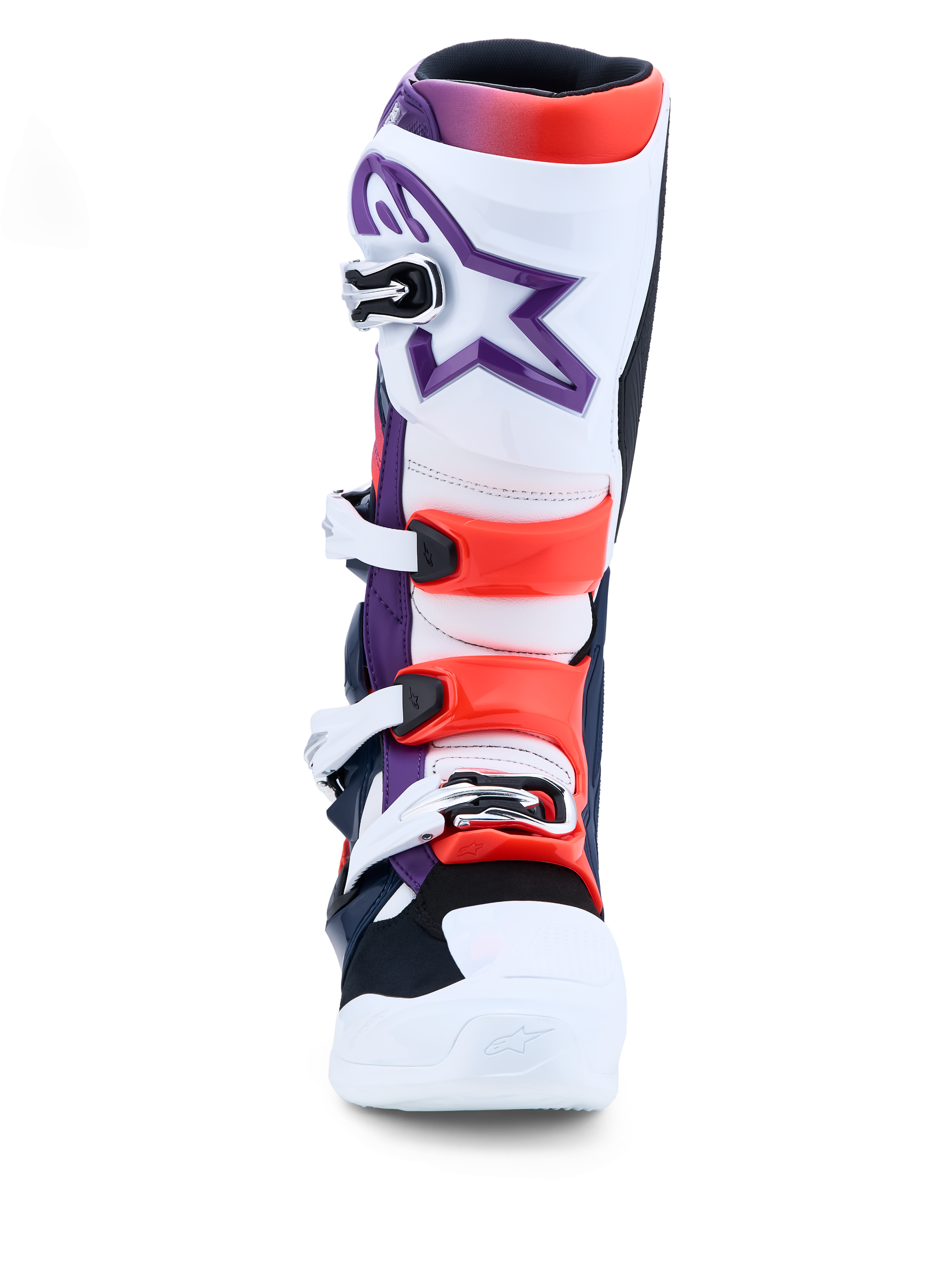 Alpinestars Tech 7 Motocross Boots in purple, white, and red fluo featuring TPU protection and buckle closures.