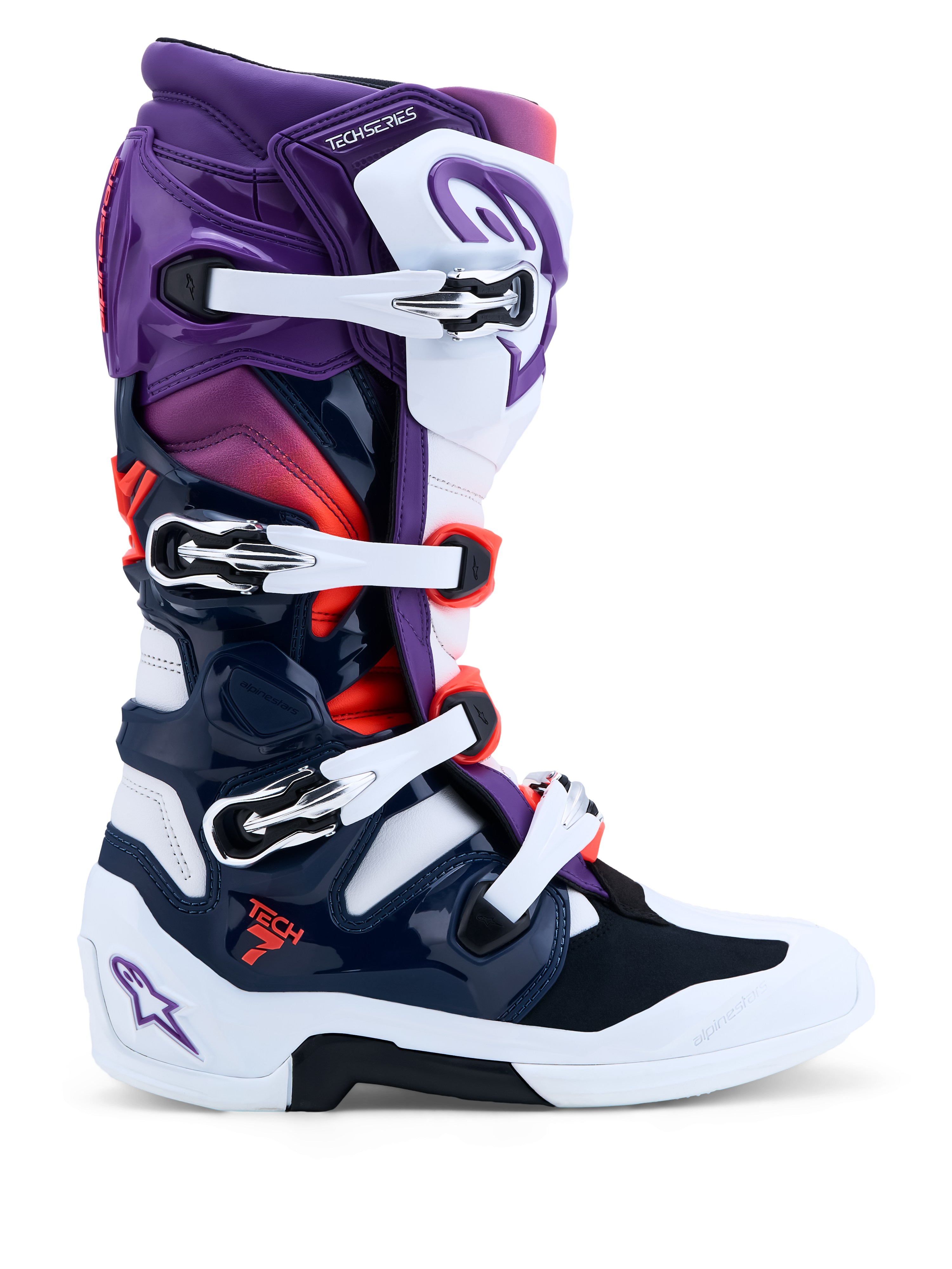 Alpinestars Tech 7 Motocross Boots in purple, white, and dark blue, with dual pivot system and CE-certified protection.