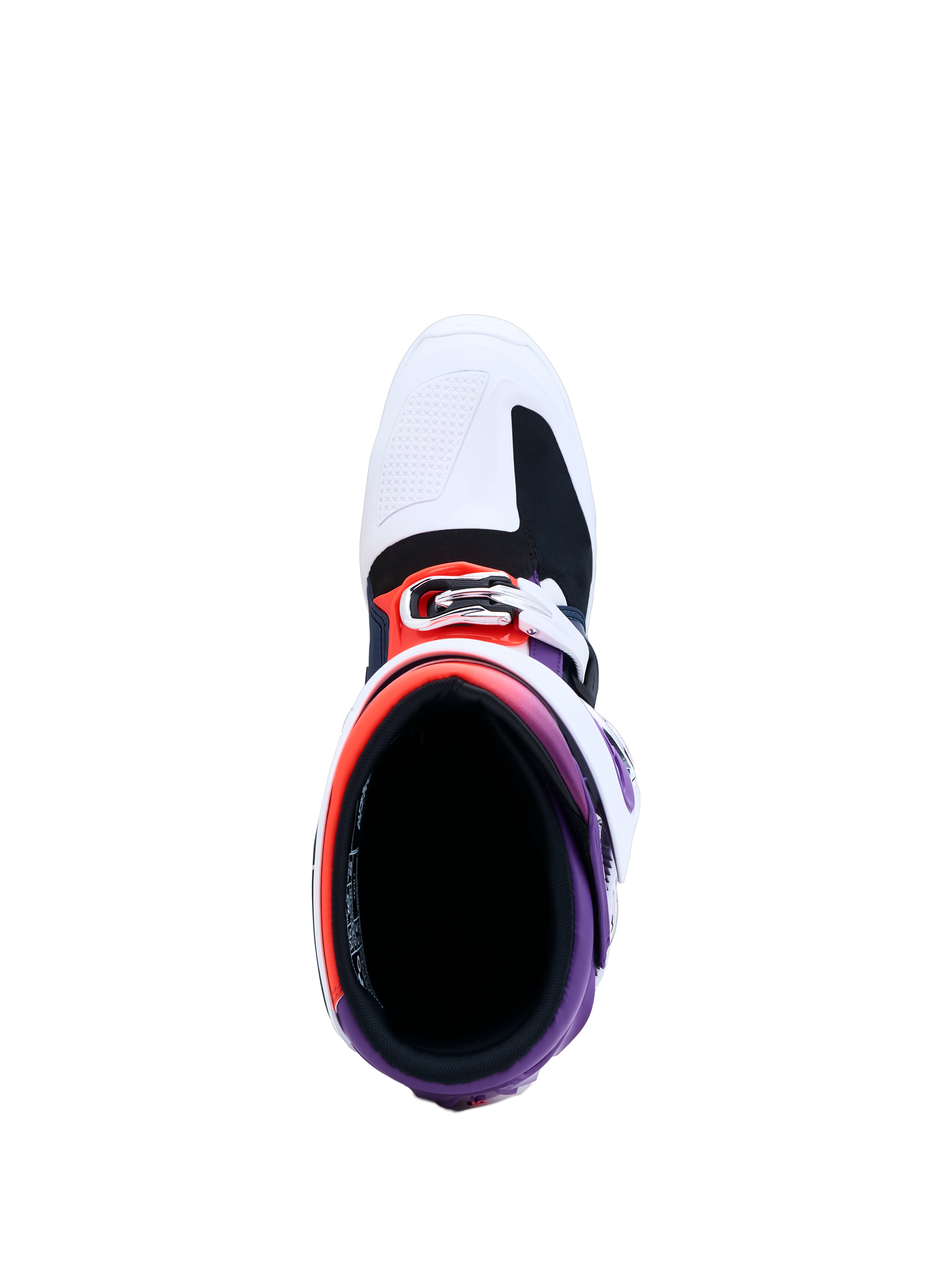 Alpinestars Tech 7 Motocross Boots, top-down view in Purple and White, featuring interior padding and secure buckle system.