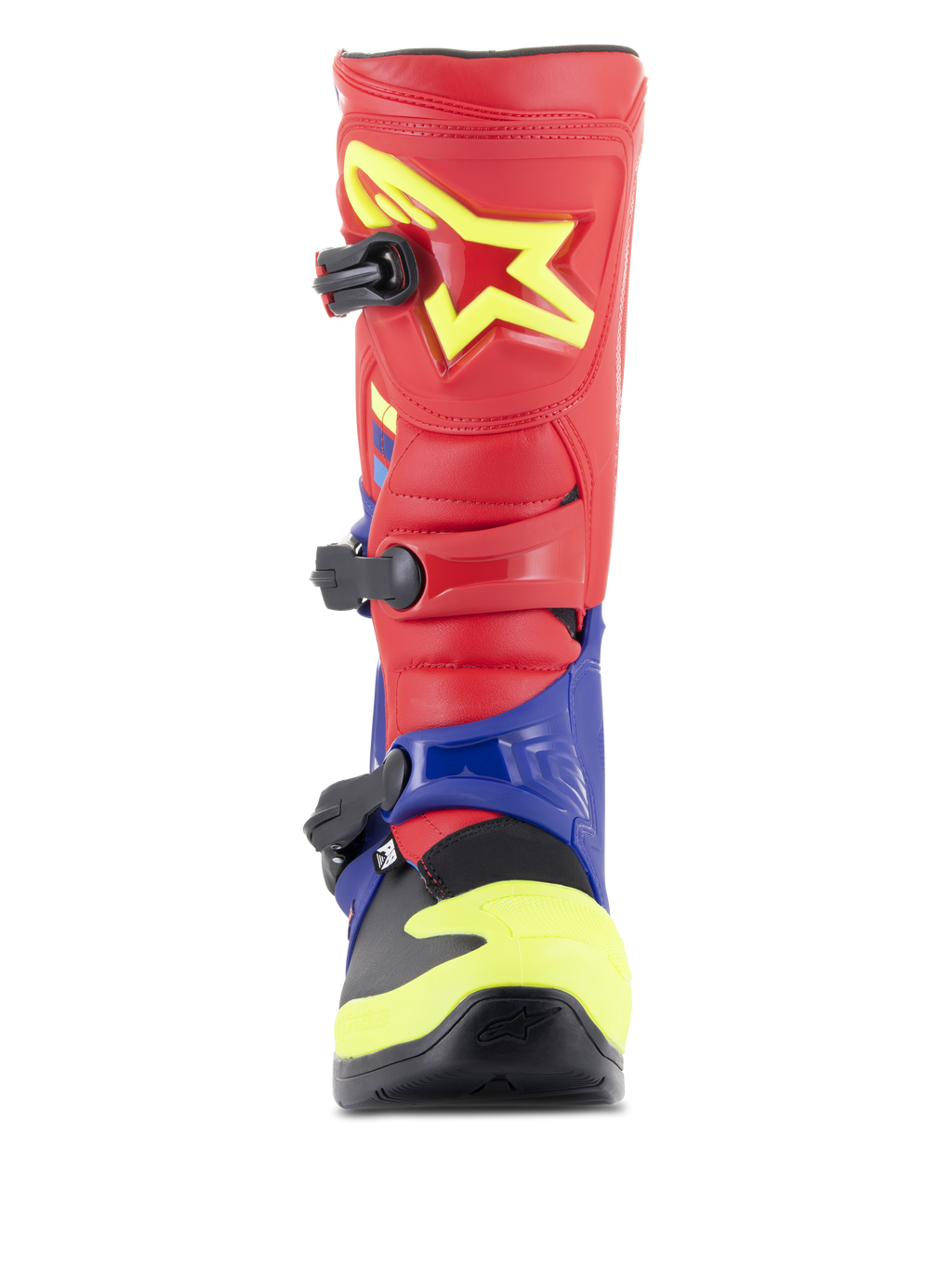 Alpinestars Tech 3 Boots, Motocross Boots, Bright Red Dark Blue and Yellow Fluo, front view showing triple buckle closure system, TPU shin plate with yellow star logo, and protective dual-compound foot shell.