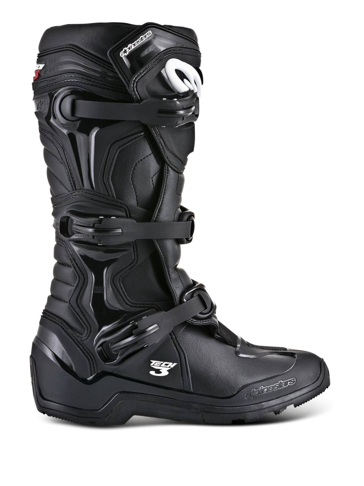Alpinestars Tech 3 Enduro Boots, Black Off-Road Motorcycle Boots, side profile showing triple buckle closure system, reinforced TPU protection panels, high-traction lugged sole, and white Alpinestars branding.