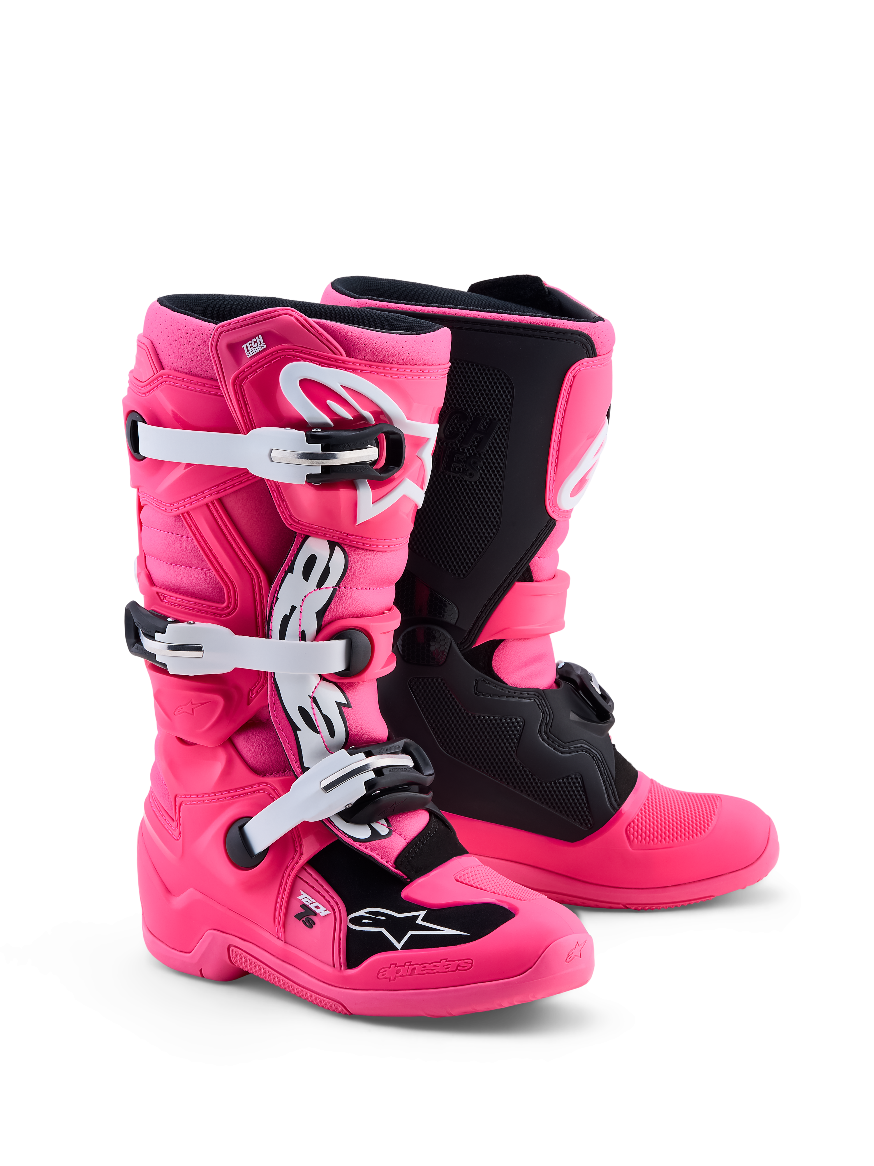 Alpinestars Youth Tech 7S Motocross Boots in Pink Fluo and Black with white accents, CE certified with TPU protection for junior riders.