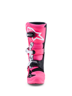 Alpinestars Youth Tech 7S Motocross Boots in Pink Fluo and Black, featuring TPU shin protection and quick-release buckles.