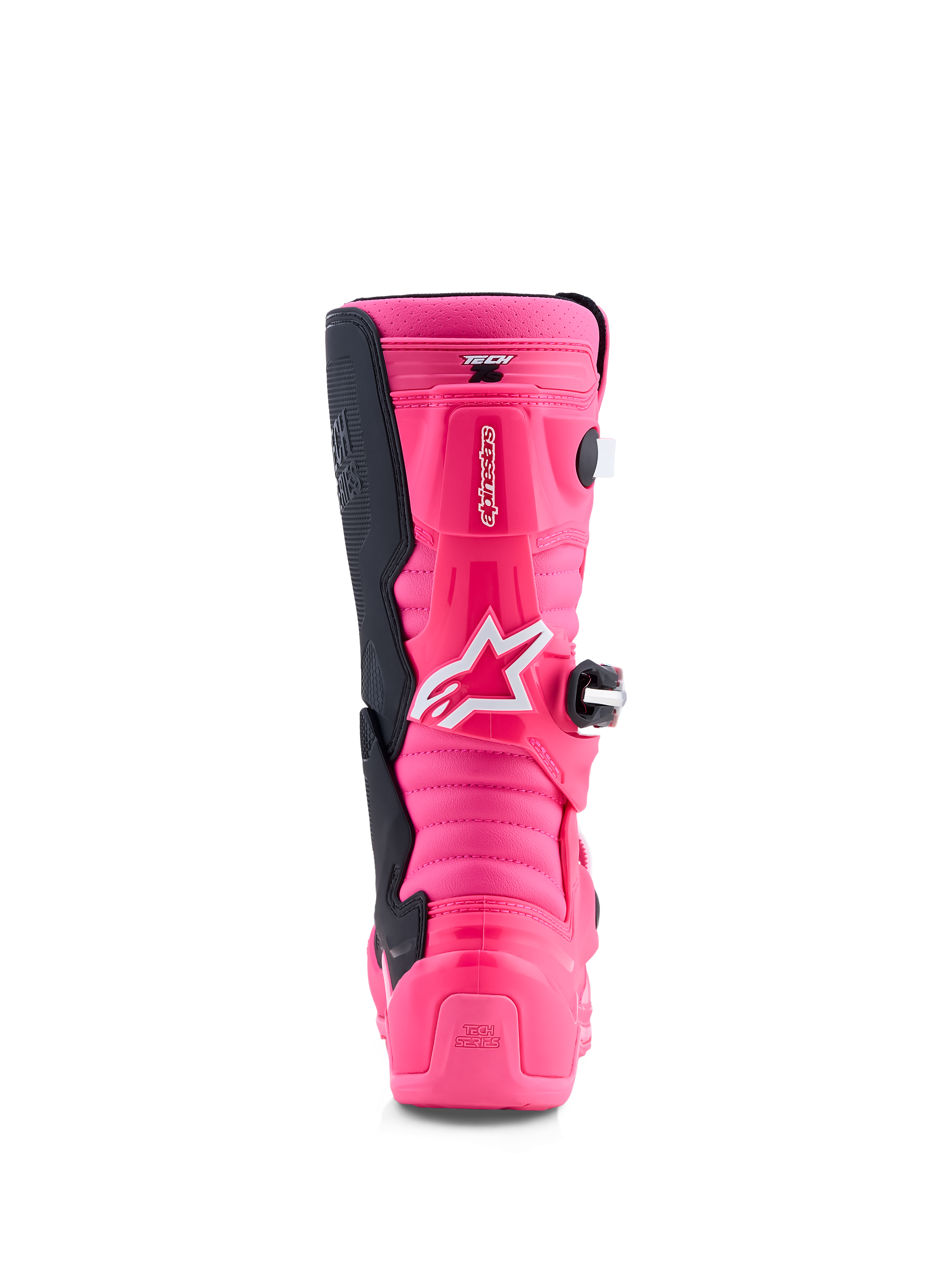 Alpinestars Youth Tech 7S Motocross Boots in Pink Fluo and Black, featuring TPU protection and a performance pivot system.