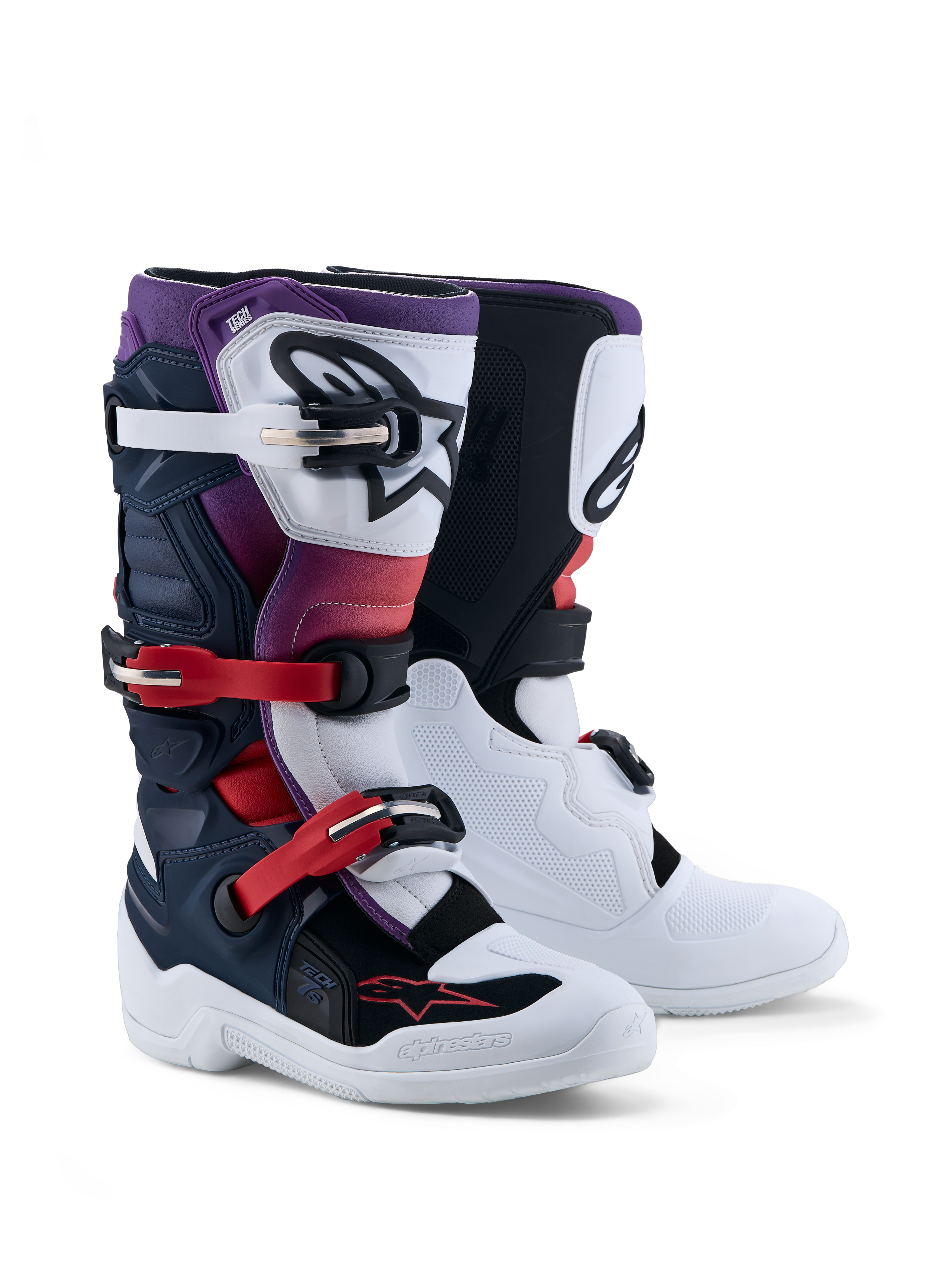 Alpinestars Youth Tech 7S motocross boots in dark blue, white, and black for junior riders with CE certified TPU protection.