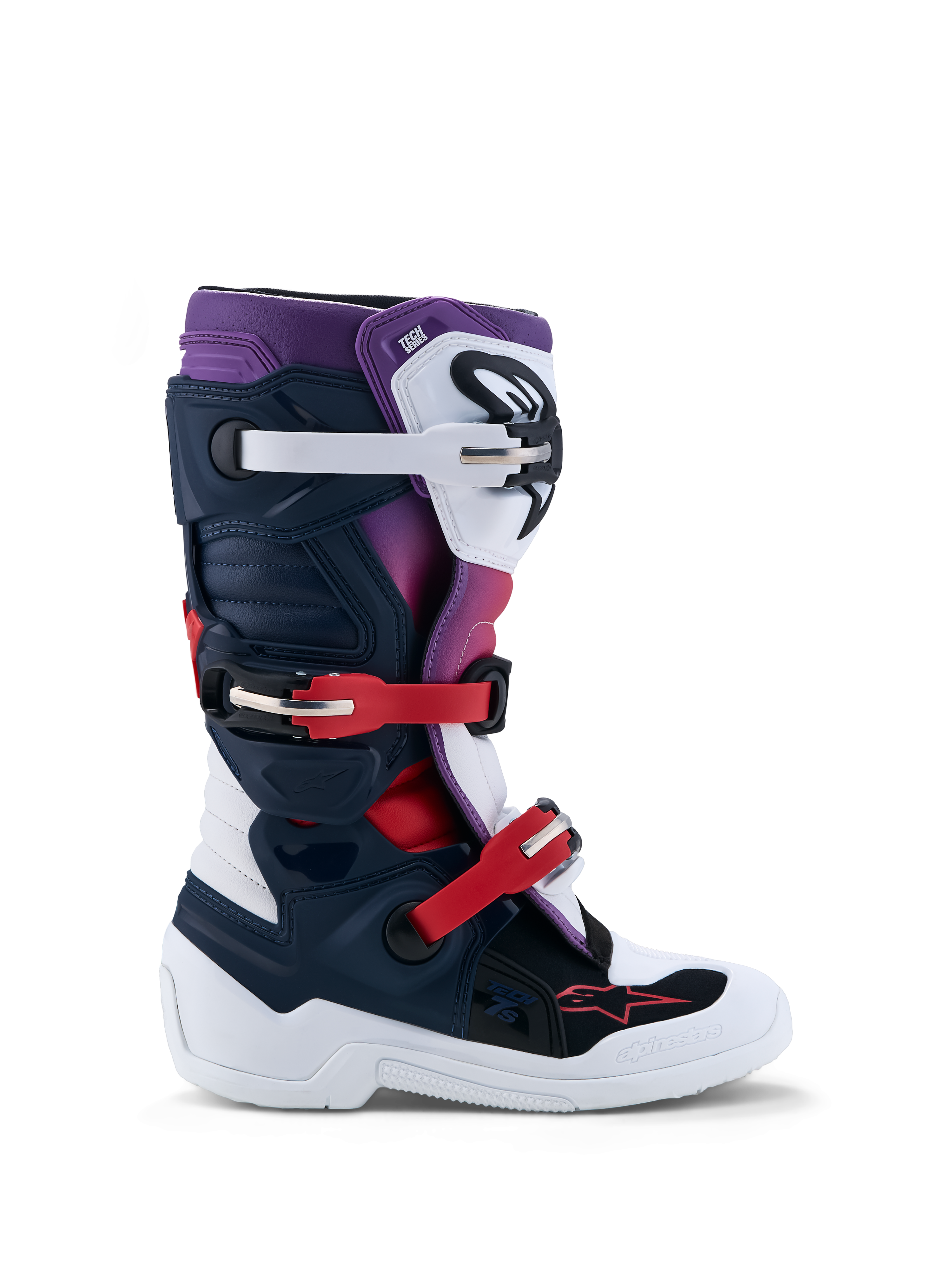 Alpinestars Youth Tech 7S Motocross Boots, junior off-road footwear in dark blue, white, and red with TPU protection.