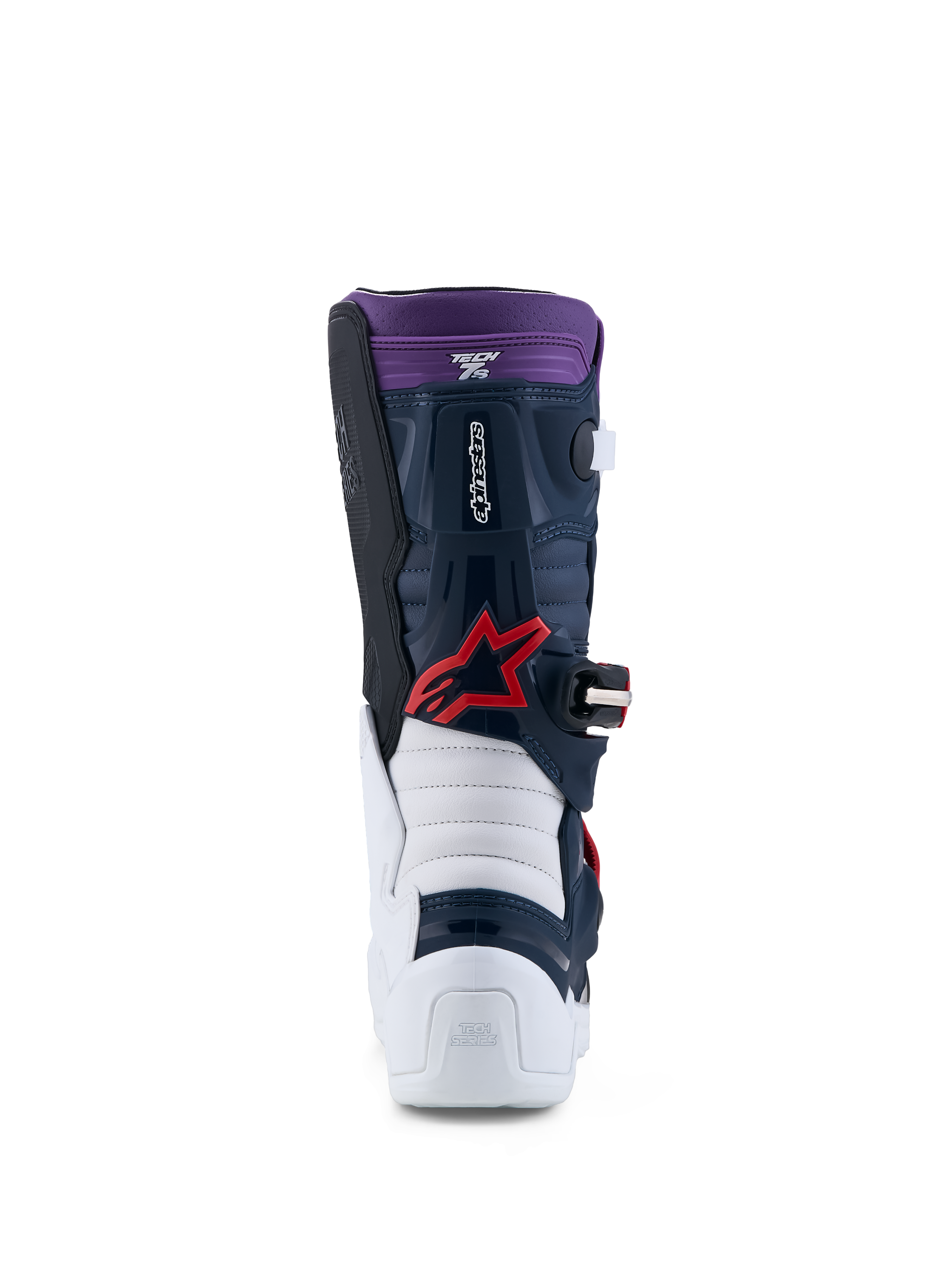 Alpinestars Youth Tech 7S Boots, motocross gear for junior riders, dark blue and white with red accents, CE certified.