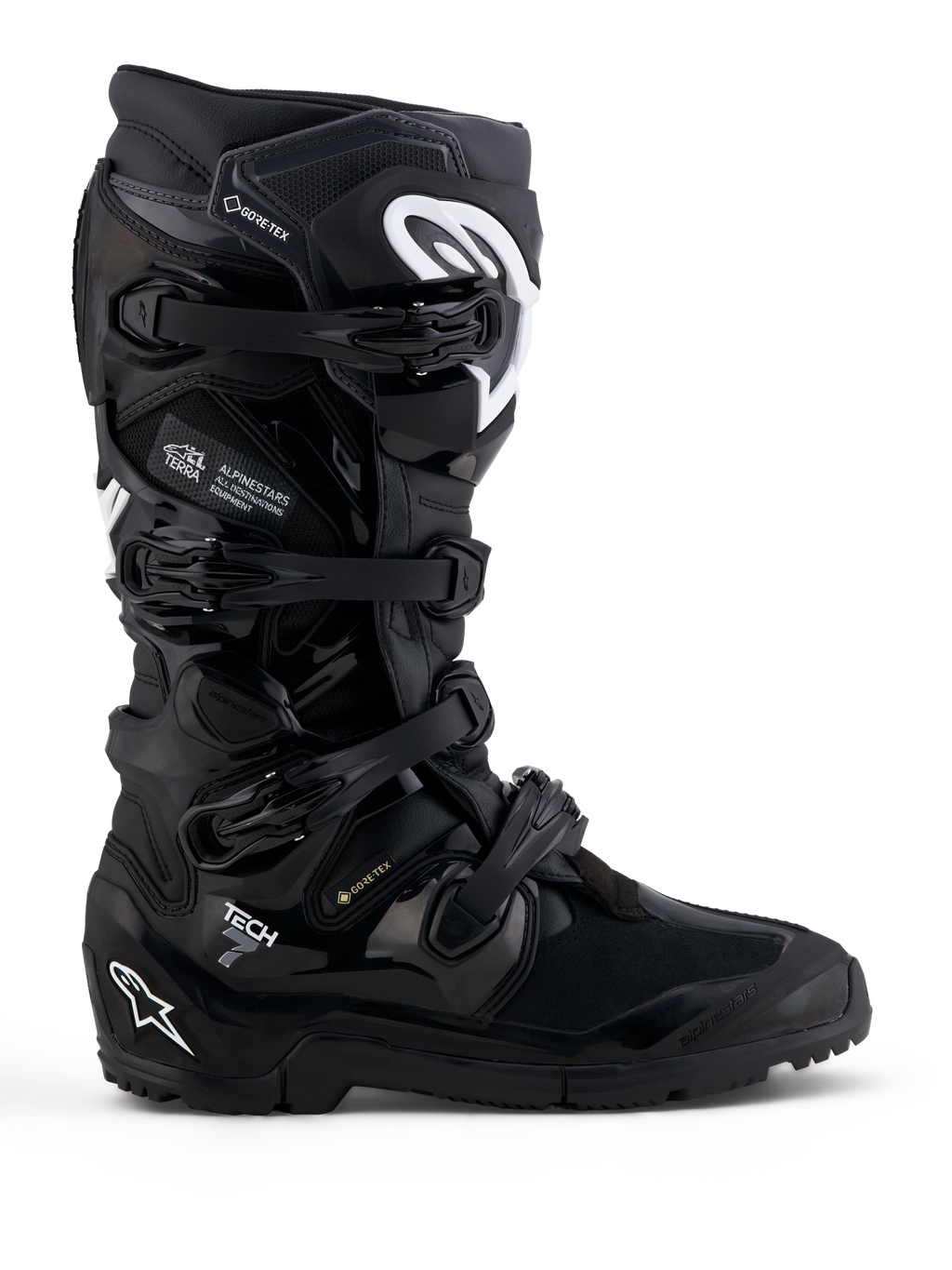 Alpinestars Tech 7 Enduro Gore-Tex Boots, waterproof off-road motorcycle boots, black with white details and TPU protection.