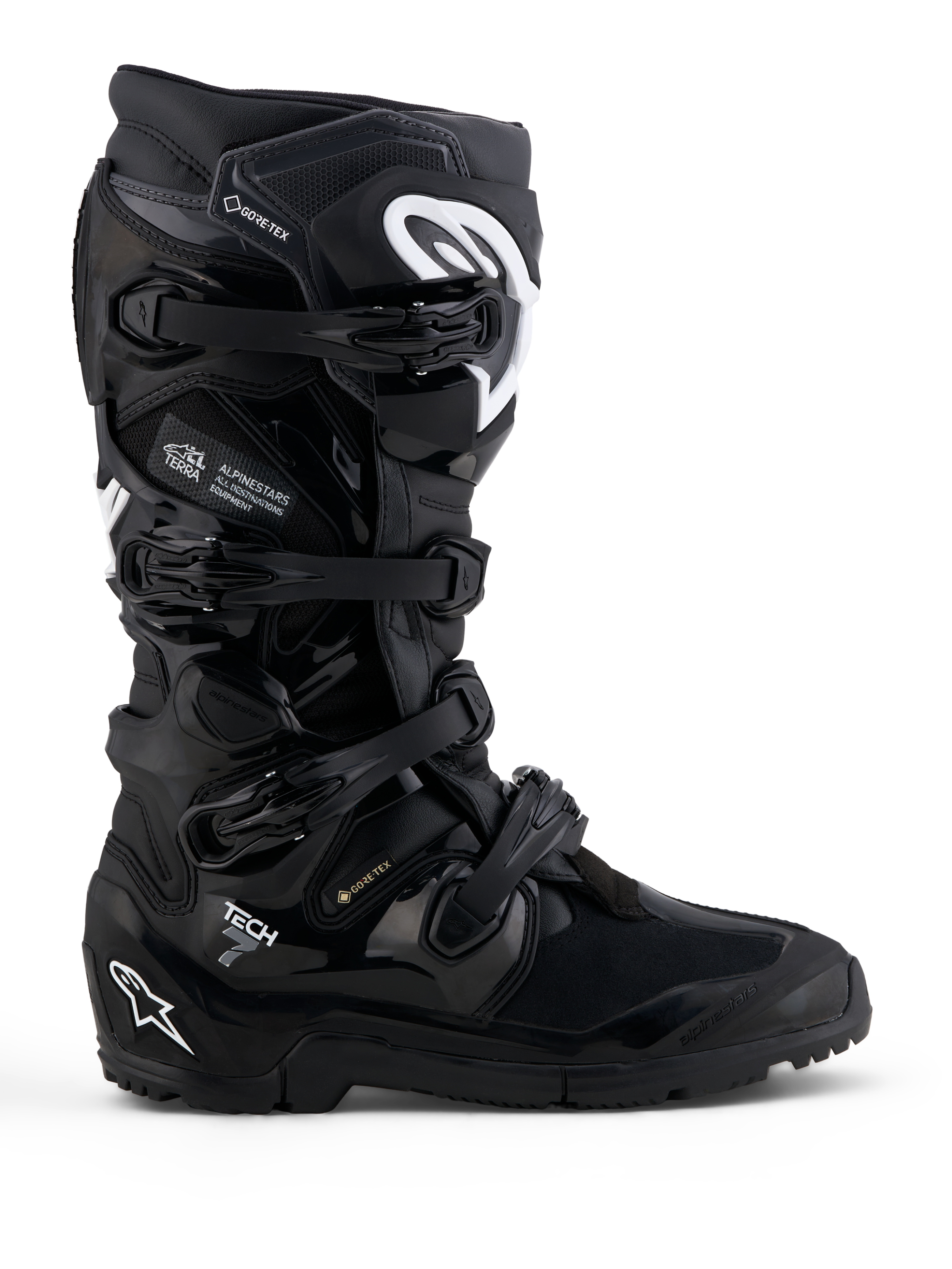 Alpinestars Tech 7 Enduro Gore-Tex Boots, waterproof off-road motorcycle boots, black with white details and TPU protection.