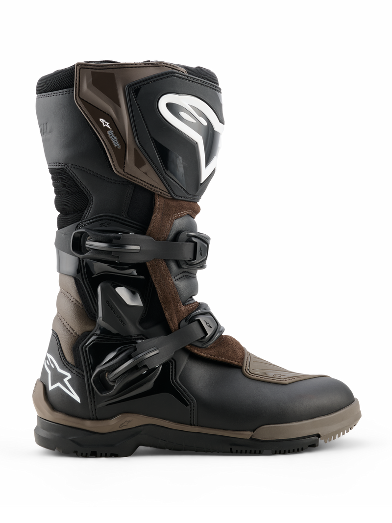Alpinestars Corozal V2 Adventure Drystar Boots, Motorcycle Adventure Touring Boots, Brown and Black, waterproof construction with adjustable buckle straps, reinforced ankle and shin protection, rugged textured sole for all-terrain grip
