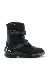 Alpinestars Belize V2 Drystar® Boots, Black Motorcycle Boots, side profile view featuring two adjustable buckle closures, white Alpinestars star logo on the heel, rugged off-road sole, and waterproof design for adventure riding