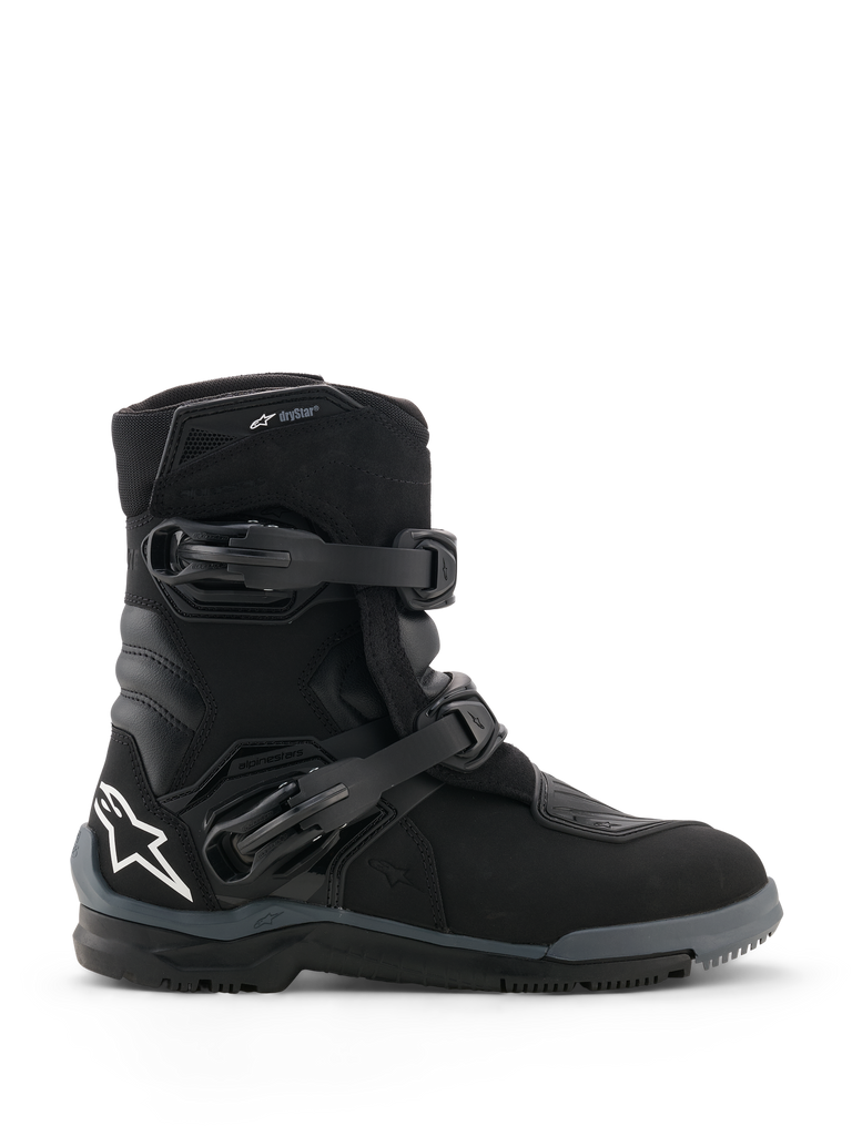 Alpinestars Belize V2 Drystar® Boots, Black Motorcycle Boots, side profile view featuring two adjustable buckle closures, white Alpinestars star logo on the heel, rugged off-road sole, and waterproof design for adventure riding
