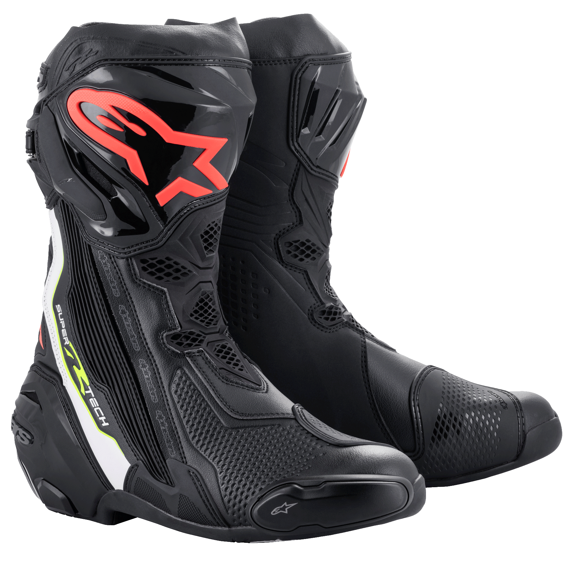 Alpinestars Supertech R Boots, performance motorcycle racing boots, black with red Alpinestars logo on the shin, white and fluorescent yellow accents, featuring technical microfiber construction and protective TPU shin plates.