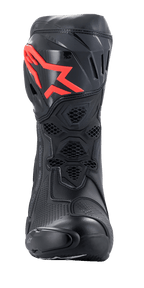 Alpinestars Supertech R Boots, Performance Racing Motorcycle Boots, Black with Red Logo, front view featuring a protective TPU shin plate, honeycomb mesh ventilation, and aerodynamic racing design