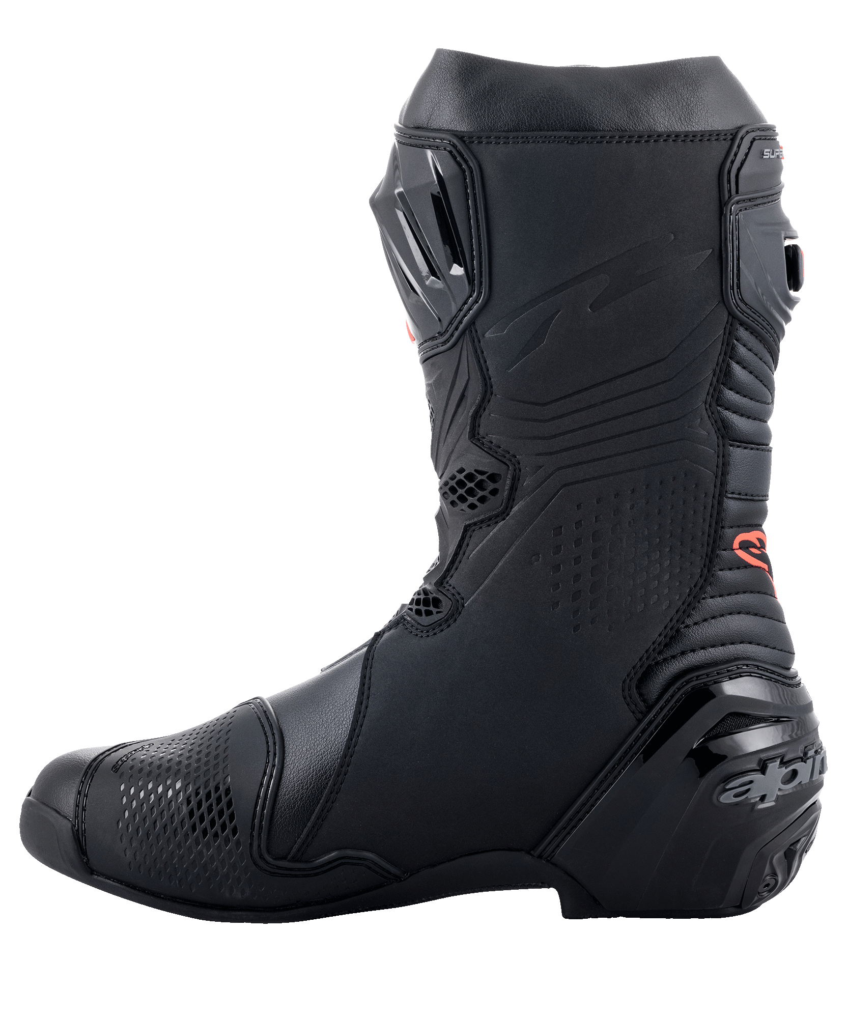 Alpinestars Supertech R Boots, high-performance motorcycle racing boots, sleek all-black design with red logo detail, side profile featuring reinforced heel and TPU protection panels