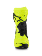 Alpinestars Supertech R Boots, Motorcycle Racing Boots, Yellow Fluo and Black, front view showing the black star logo on the shin plate, honeycomb-textured flex areas, and streamlined design for high-performance racing.