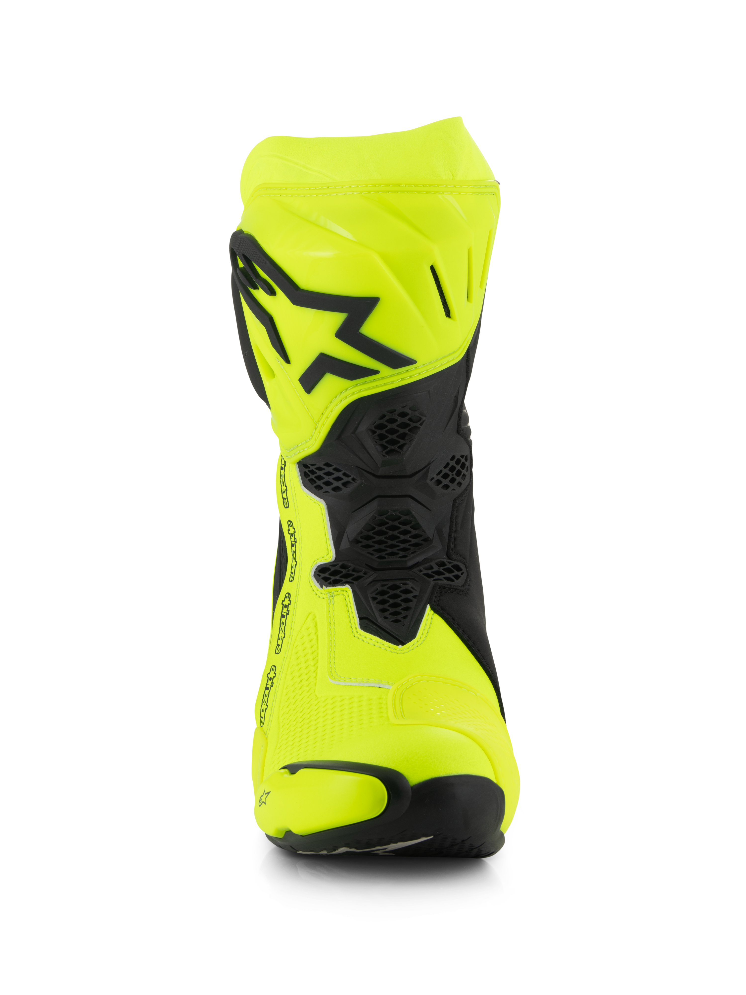 Alpinestars Supertech R Boots, Motorcycle Racing Boots, Yellow Fluo and Black, front view showing the black star logo on the shin plate, honeycomb-textured flex areas, and streamlined design for high-performance racing.