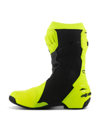 Alpinestars Supertech R Boots, Motorcycle Racing Boots, Yellow Fluo and Black, side profile featuring reinforced shin and heel protection, sleek ergonomic design with perforated panels and branding on the heel.