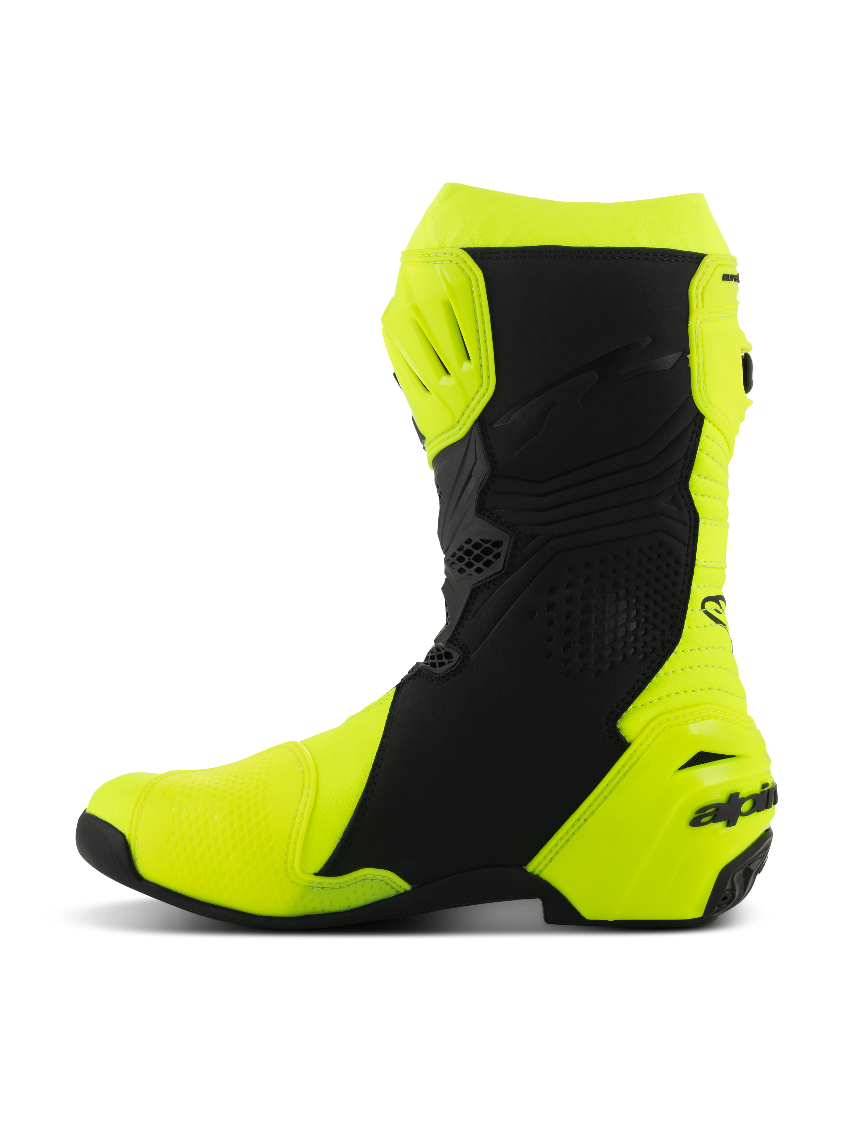 Alpinestars Supertech R Boots, Motorcycle Racing Boots, Yellow Fluo and Black, side profile featuring reinforced shin and heel protection, sleek ergonomic design with perforated panels and branding on the heel.