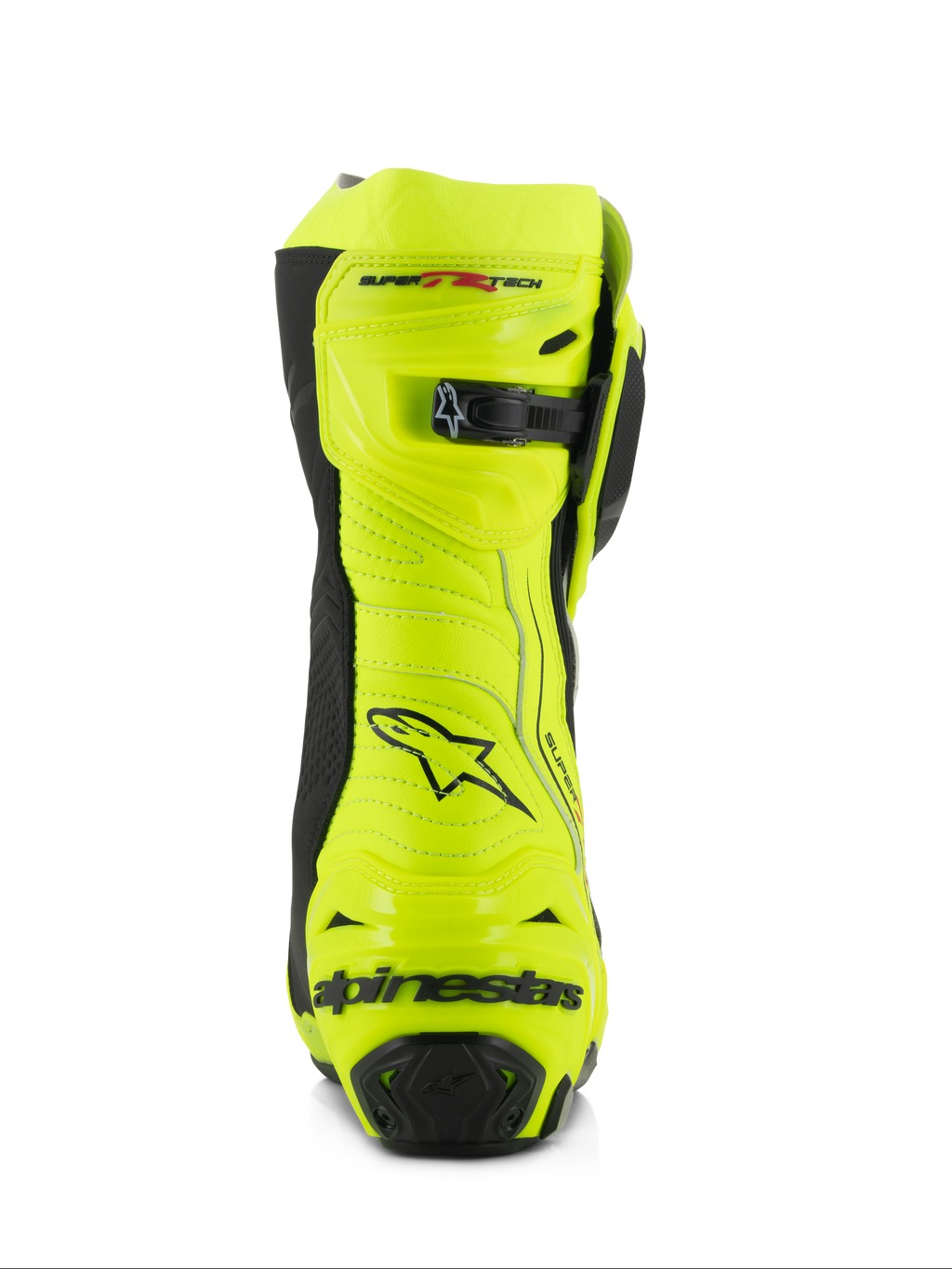 Alpinestars Supertech R Boots, Motorcycle Racing Boots, Yellow Fluo and Black, rear view featuring reinforced heel protector, adjustable calf closure, and bold branding, high-visibility fluorescent finish for track and road performance