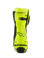 Alpinestars Supertech R Boots, Motorcycle Racing Boots, Yellow Fluo and Black, rear view featuring reinforced heel protector, adjustable calf closure, and bold branding, high-visibility fluorescent finish for track and road performance